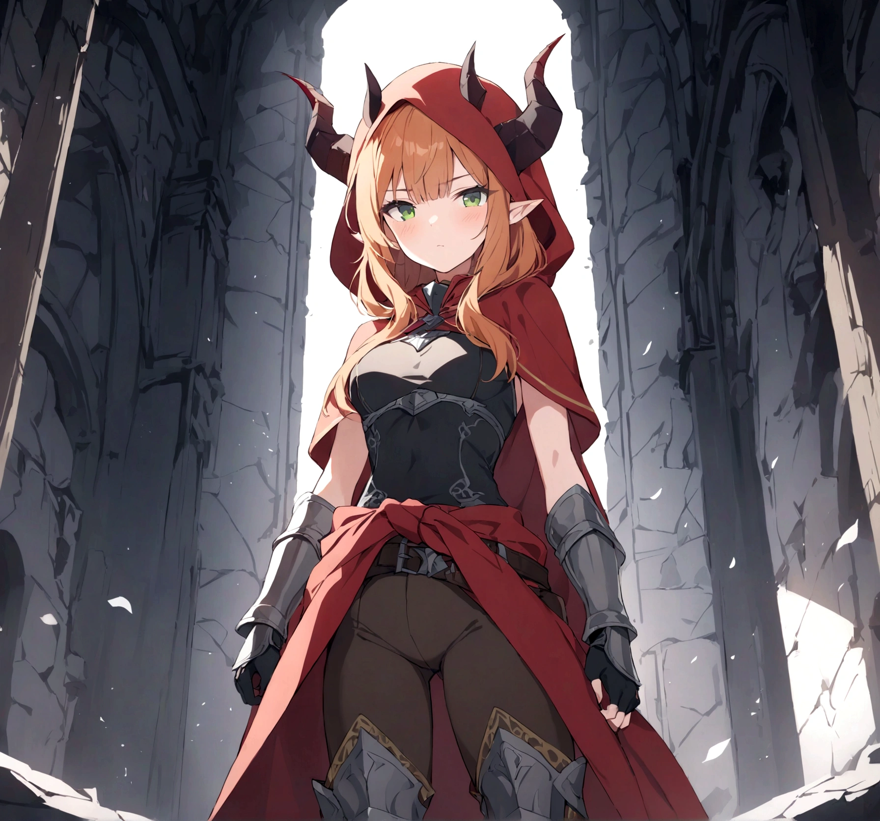 (1girl, Masterpiece, best quality) A young elf female with (long length intense orange hair and sharp side-swept fringe). Neutral, sligthly serious expression. Her attire includes a red cloak with yellow trim that covers a (medieval-style brown and gray chest piece). She has green eyes. She has a brown belt cinched around her waist and some dark gray fur around waist. She wears brown pants with armored greaves. (She's wearing a red hood ((with attached gray horns to hood.)).)
