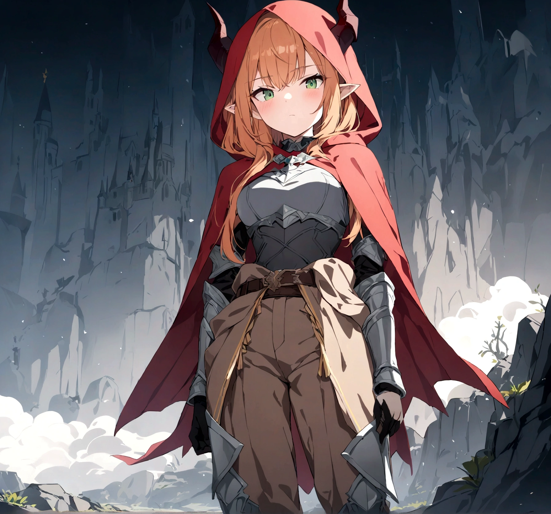 (1girl, Masterpiece, best quality) A young elf female with (long length intense orange hair and sharp side-swept fringe). Neutral, sligthly serious expression. Her attire includes a red cloak with yellow trim that covers a (medieval-style brown and gray chest piece). She has green eyes. She has a brown belt cinched around her waist and some dark gray fur around waist. She wears brown pants with armored greaves. (She's wearing a red hood ((with attached gray horns to hood.)).)