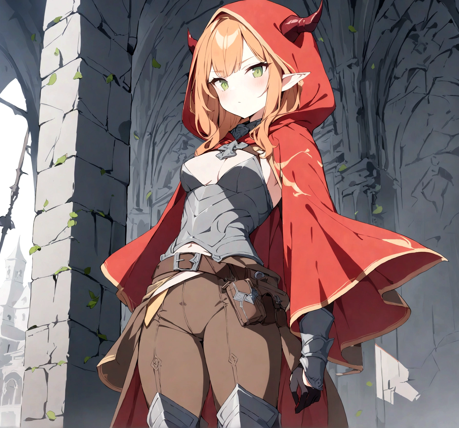 (1girl, Masterpiece, best quality) A young elf female with (long length intense orange hair and sharp side-swept fringe). Neutral, sligthly serious expression. Her attire includes a red cloak with yellow trim that covers a (medieval-style brown and gray chest piece). She has green eyes. She has a brown belt cinched around her waist and some dark gray fur around waist. She wears brown pants with armored greaves. (She's wearing a red hood ((with attached gray horns to hood.)).)
