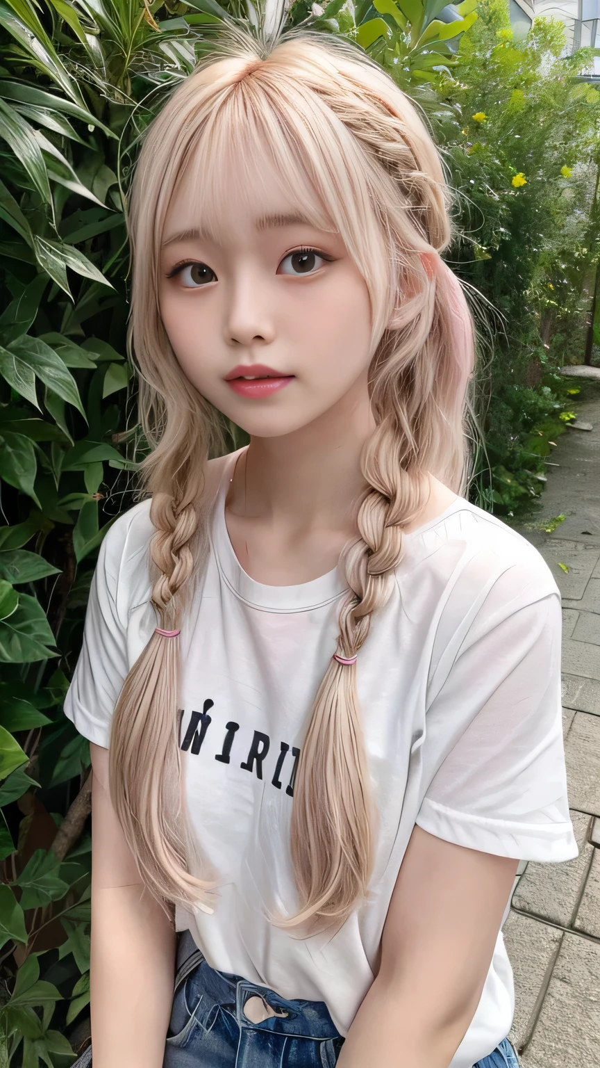 Pale, tanned skin、Sunburn marks on tanned skin、Multicolored Hair、Pink Hair,blonde,Platinum Hair,Brown Hair、A cute 20-year-old girl with a cute look, A strong wind blows my hair in front of my face、beautiful long blonde braided hair、beautiful, Cute eyes hidden by long bangs、Yawn、Double teeth、No visible nasolabial folds、