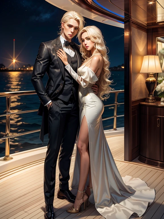 A tall, statuesque, courageous, handsome young man is a platinum blonde in an expensive branded elegant suit, he has tanned skin, blue eyes, long straight white hair, he stands on the deck of an elite yacht and hugs an incredibly beautiful young fatal blonde in a luxurious evening shimmering dress, she has long golden hair styled in a beautiful hairstyle Blue eyes, high heels, she hugs him. They are in love, they are happy, the reward is the winning TIPA masterpiece, a luxury yacht, a passionate night, the ocean.