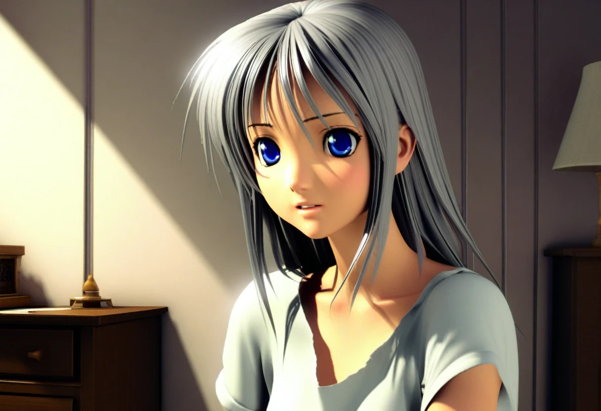  1boy, grey hair, blue eyes, scared, upper body, bedroom, indoor, masterpiece, best quality, absurdres, very aesthetic, (((oldest))), [3D:7], General 