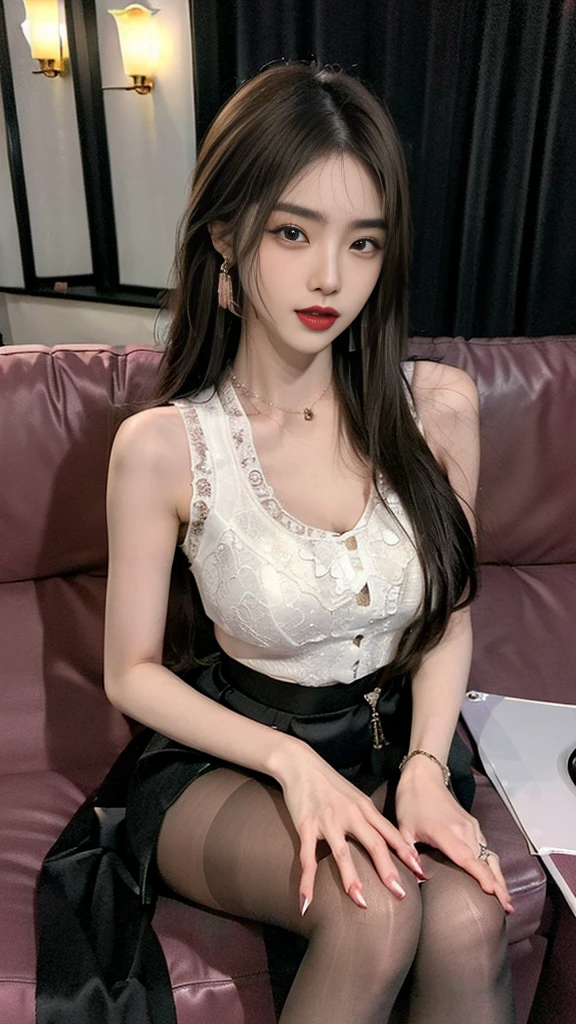 (((NFSW : 1.2))), (((pornography))), (realistic), (intricate details:1.2), (masterpiece、:1.3), (top quality:1.4), (Ultra high resolution:1.2), Ultra high resolution, 8K resolution, very detailed expression, dark, (high quality), complete anatomy, natural anatomy, full body photo, 1 lover couple, A man play in karaoke with a girl, The woman feels happy in his arms, 21 years old, (call girl:1.5), (prostitute: 1.5), (korean:1.8), (beautiful : 1.4), (shining blond hair), hoop earrings, heavy makeup, choker necklace, long legs, bracelet, colorful nail art, an alluring appearance, (wearing flesh colored realistic pantyhose:1.2), (high heel:1.2), (The clothes she wears are feminine skirt dresses.:1.2), glowing skin, (She sits on the sofa in her room and engages in skinship with men who love her body. :1.3), (She is being sexually harassed by them.. : 1.5), The men hug her waist and touch and caress her thighs., kiss, caress, (Karaoke Room : 1.5), Karaoke Room equipments, stage lighting, whiskey and fruit on the table, (detailed background:1.2), She is having a lewd time with Korean men.., Now she is owned by those men., Men are wearing long pants and shoes, Their hair is brown and short., Cool looking guys harassing a girl together., they are fascinated by her.,