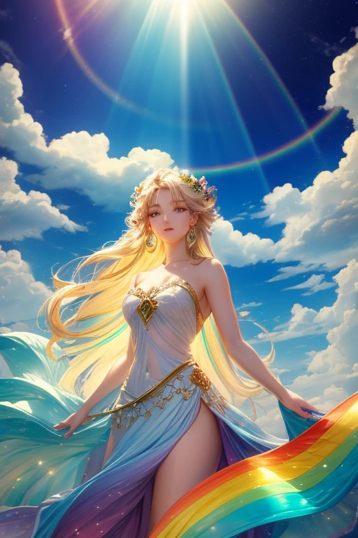 A stunningly ethereal figure, composed of a dazzling array of rainbow hues, reclines gracefully at the end of a radiant rainbow amidst the fluffy clouds in the sky. Bathed in dynamic and enchanting lighting, accentuates her vibrant, full-bodied form. Fantasy art. Masterpiece