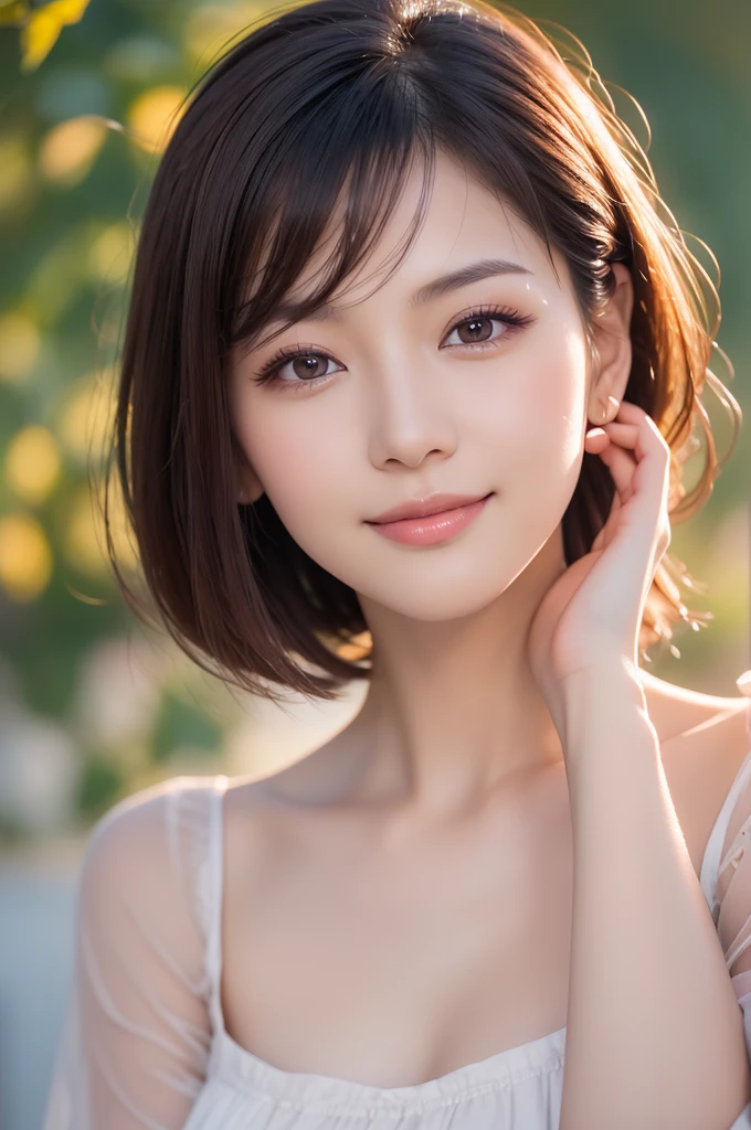 for website about beauty serum, somewhat intelligent look, res dress, best quality, highly detailed, ultra detailed, high resolution, absurdres, straight-on, a so beautiful japanese woman, 40 years old, applying beauty serum, looking at camera and smiling, minimalist white background, highly detailed, photorealistic, glowing skin, sophisticated, elegant, beautiful detailed eyes, beautiful detailed lips, extremely detailed eyes and face, long eyelashes, beautiful short black hair, warm smile, natural lighting, photorealistic, 8k, high quality, detailed portrait, elegant, refined, intellectual, key Light,close_up, lying down, like so young,without shadow