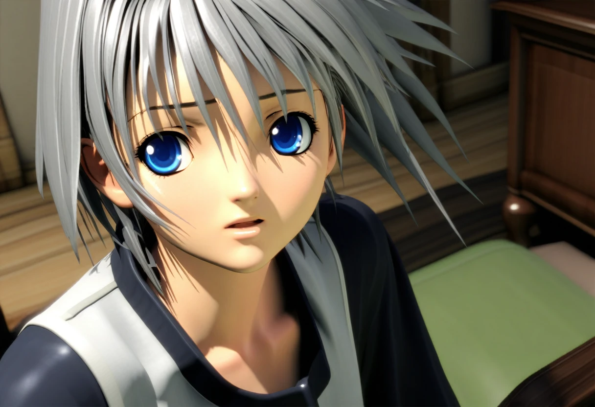  1boy, grey hair, blue eyes, scared, upper body, bedroom, indoor, masterpiece, best quality, absurdres, very aesthetic, (oldest), [3D:7], General 