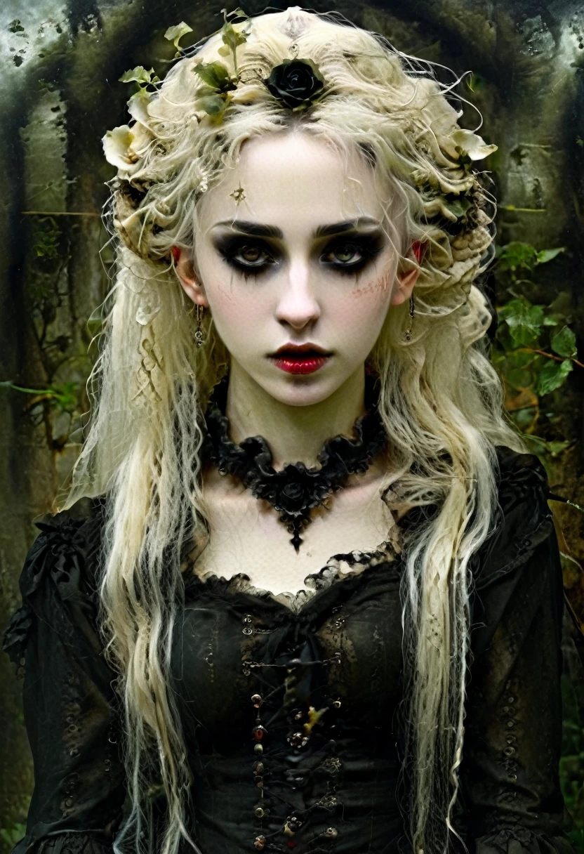 Hyperreal art (mkdrgs style), traditional painting hyperrealistic, a beautiful woman with a saddened expression, there is a darkness deep within, her tears flow like blood from an open wound, pale goth, regardless of the sorrow she evokes serenity, dark makeup, detailed skin with visible pores, 8k, hdr, masterpiece, award winning art, amazing lighting, (Victoria Frances style)