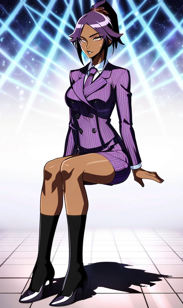  Full body Yoruichi as a thin Black business woman in a double breasted pinstripe purple  skirt suit while wearing a tie with a long purple pinstripe skirt and with long black knee socks full art and make her sit down also give her thin legs and purple heels