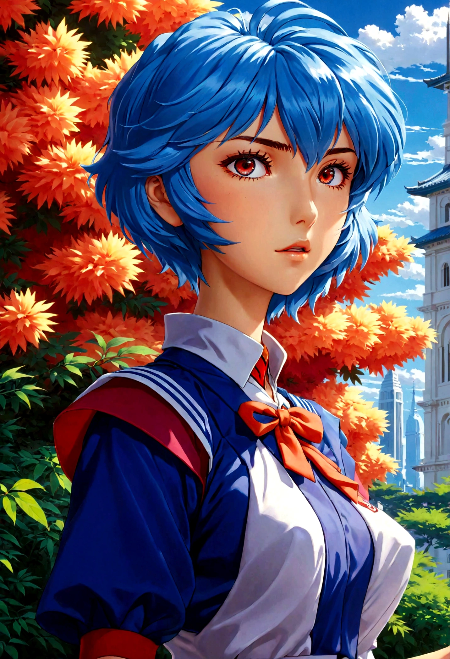 1girl, ayanami rei, neon genesis evangelion, a girl with blue hair and red eyes, anime style, 90s anime, school uniform, kawaii, detailed face, detailed eyes, detailed hair, beautiful detailed eyes, beautiful detailed lips, extremely detailed eyes and face, long eyelashes, dynamic pose, cinematic lighting, 8k, highly detailed, masterpiece, digital painting, vibrant colors, atmospheric, dramatic lighting, anime artwork, anime style, visual, vibrant, studio anime, highly detailed