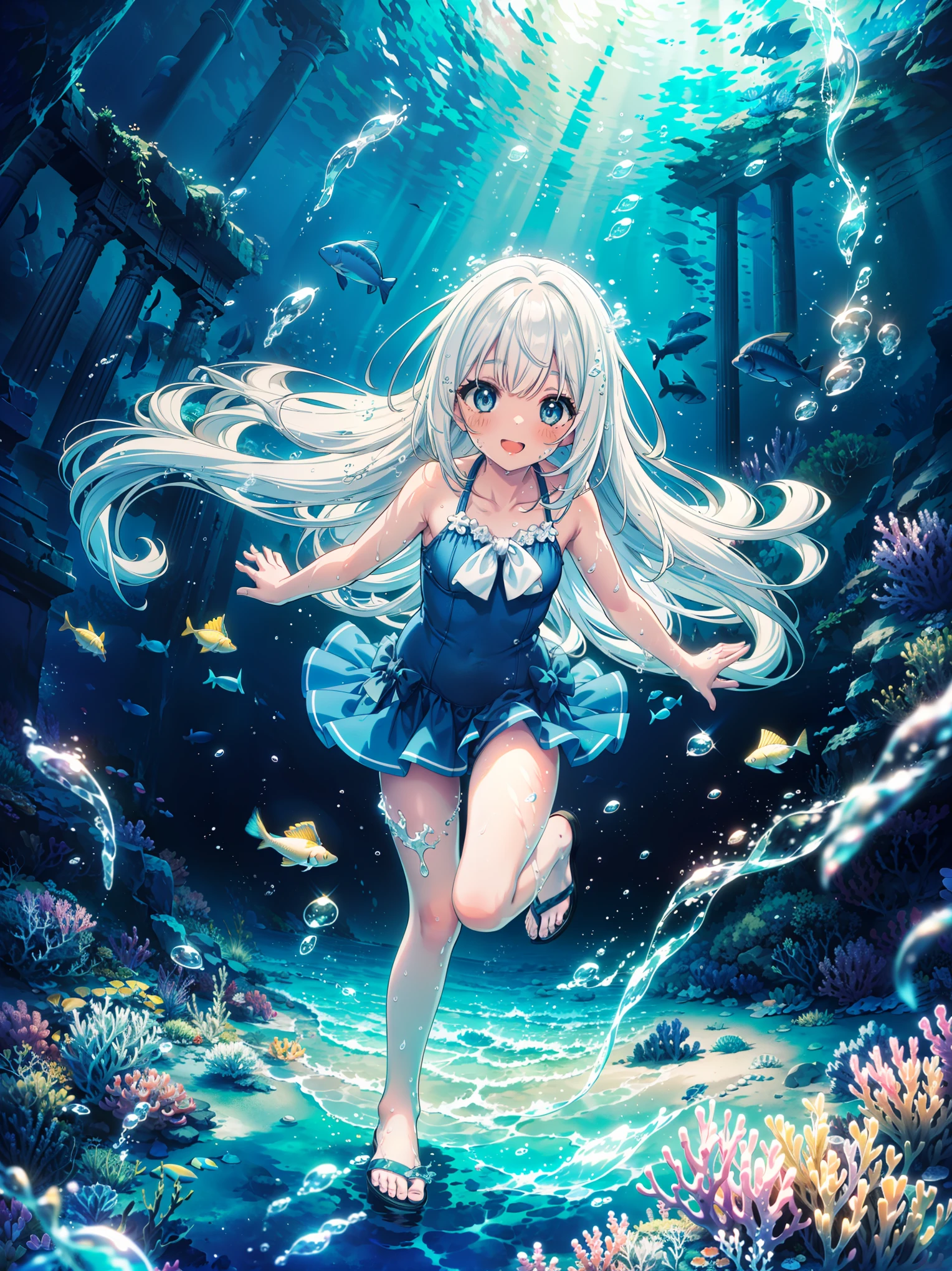 masterpiece, best quality, absurdres, 1girl, :), Deep under the sea, (white marble Greek temple under water), a girl floating in water, white_hair, dark_skin, fishs, Tyndall light, under sea, under ocean, underwater, submerged water, deep submersion