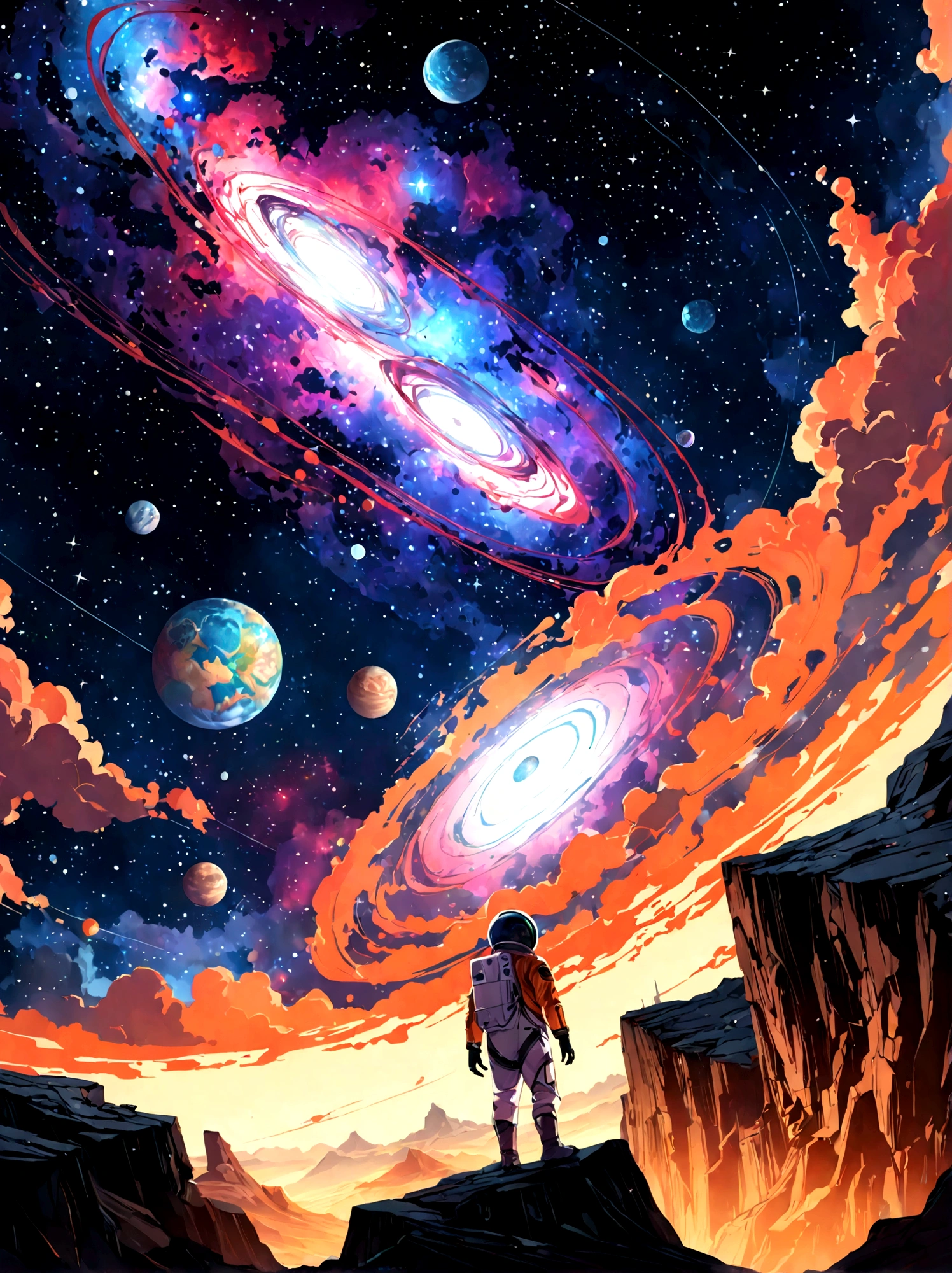 un homme en costume d'astronaute debout sur un rocher regardant une galaxie, Greg Beeple, endless cosmos in the background, inspired by Cyril Rolando, Juste Bartel, chef-d'work of'artgem et de beeple, cyril rolando et m. w kaluta, cyril rolando et m.w kaluta, beeple and jeremie ketner