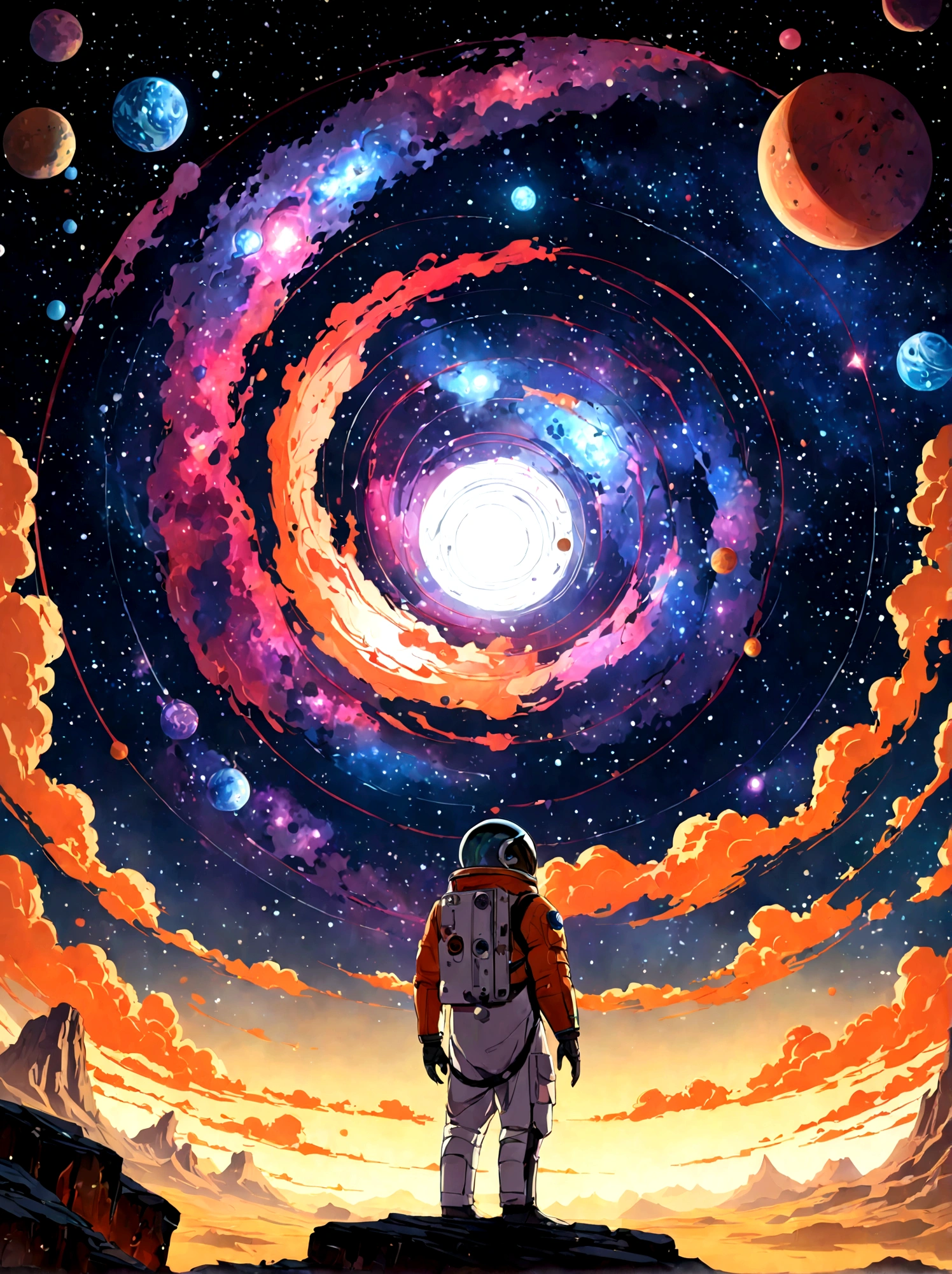 un homme en costume d'astronaute debout sur un rocher regardant une galaxie, Greg Beeple, endless cosmos in the background, inspired by Cyril Rolando, Juste Bartel, chef-d'work of'artgem et de beeple, cyril rolando et m. w kaluta, cyril rolando et m.w kaluta, beeple and jeremie ketner