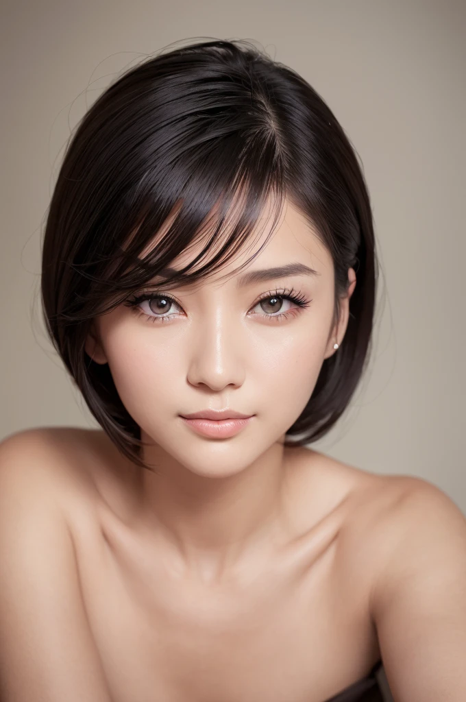 for website about beauty serum, somewhat intelligent look, res dress, best quality, highly detailed, ultra detailed, high resolution, absurdres, straight-on, a so beautiful japanese woman, 40 years old, applying beauty serum, looking at camera and smiling, minimalist white background, highly detailed, photorealistic, glowing skin, sophisticated, elegant, beautiful detailed eyes, beautiful detailed lips, extremely detailed eyes and face, long eyelashes, beautiful short black hair, warm smile, natural lighting, photorealistic, 8k, high quality, detailed portrait, elegant, refined, intellectual, key Light,close_up, lying down, like so young,without shadow