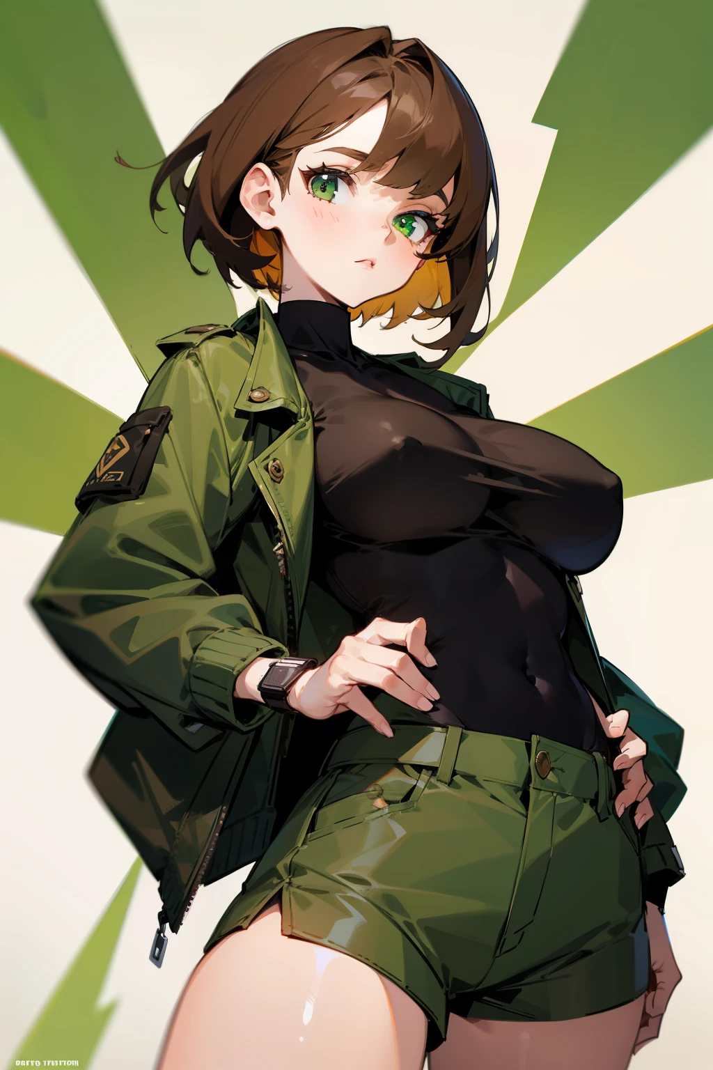 Girl, short brown hair, green eyes, green jacket, big breasts, brown shorts, watch in hand, 10