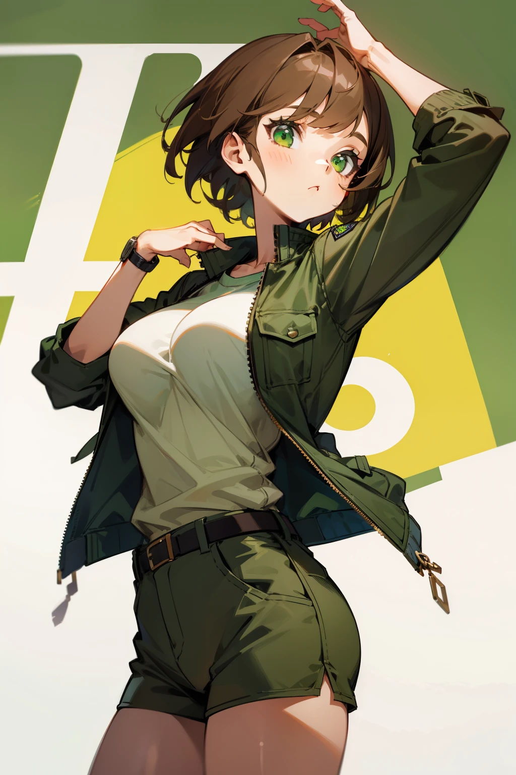 Girl, short brown hair, green eyes, green jacket, big breasts, brown shorts, watch in hand, 10
