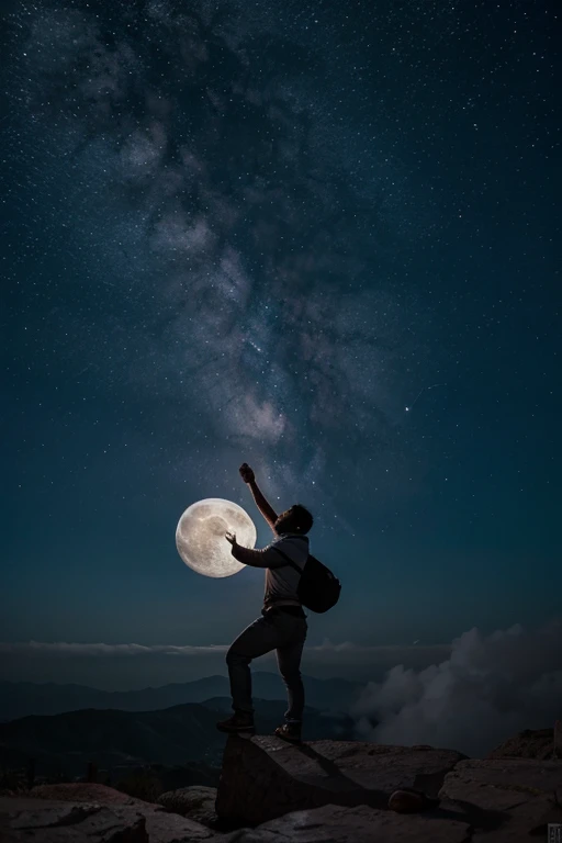 lobo gris aullando a la luna encima de una piedra, con alguna nube, colores oscuros, pelaje en movimiento, realista