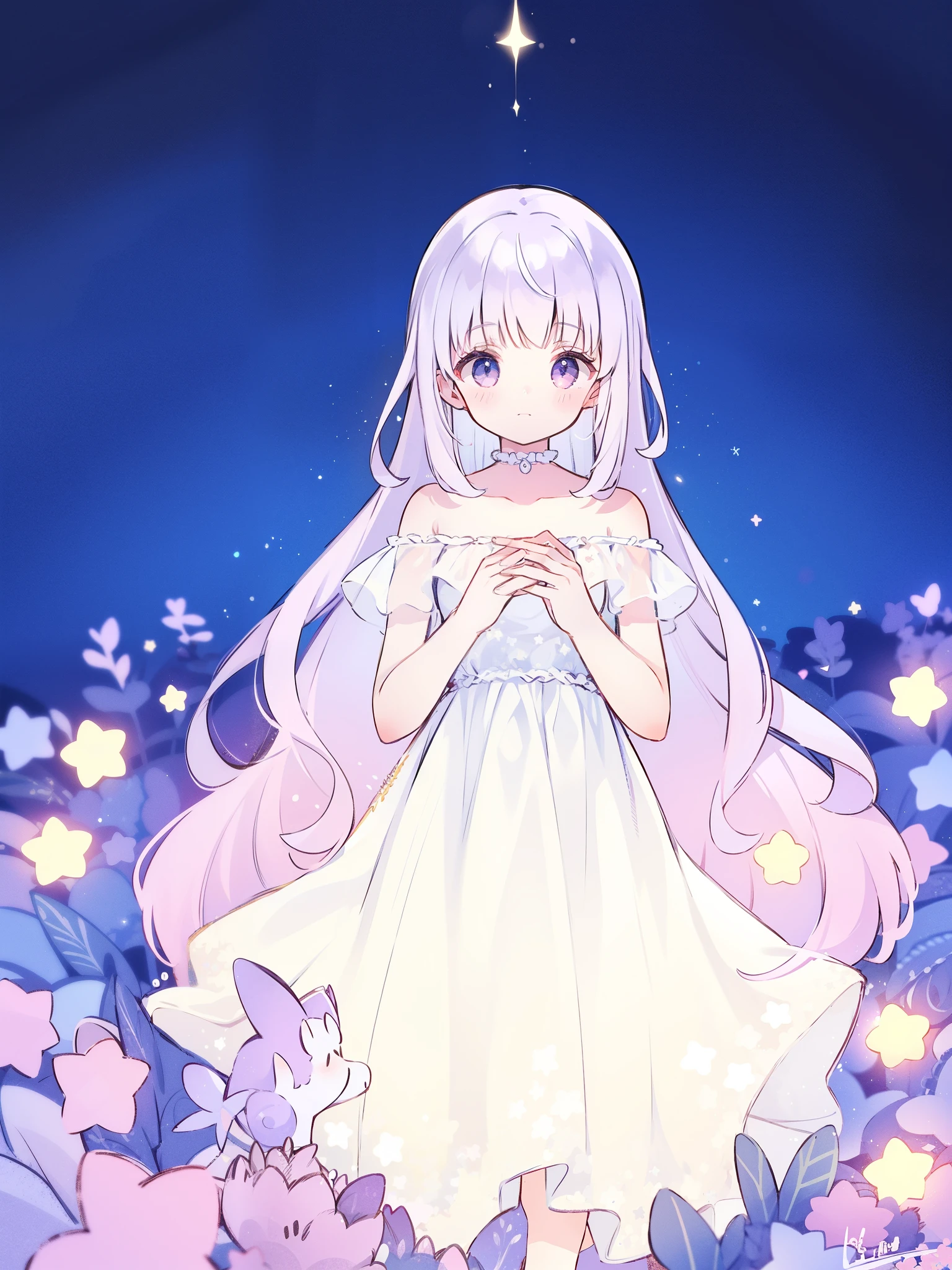 wishing stars, girl wearing an ethereal translucent white dress made of stars, pale lilac hair, magical, fantasy, whimsical, complex drawing, highly detailed, ethereal, starry night, midjourney style