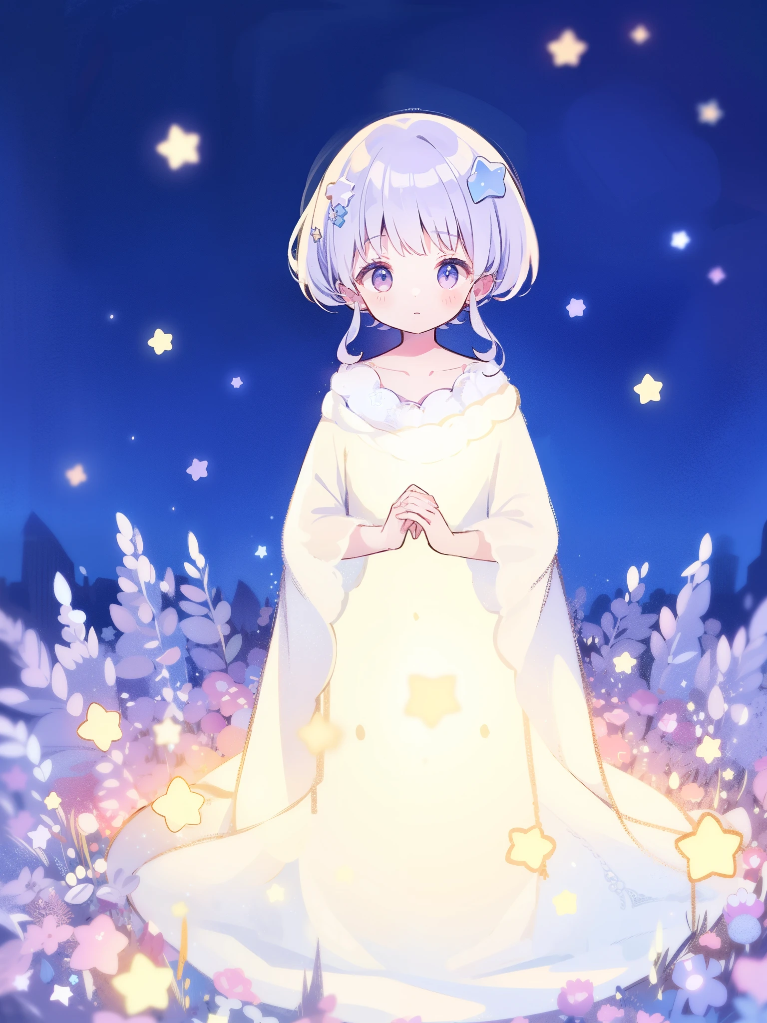 wishing stars, girl wearing an ethereal translucent white dress made of stars, pale lilac hair, magical, fantasy, whimsical, complex drawing, highly detailed, ethereal, starry night, midjourney style