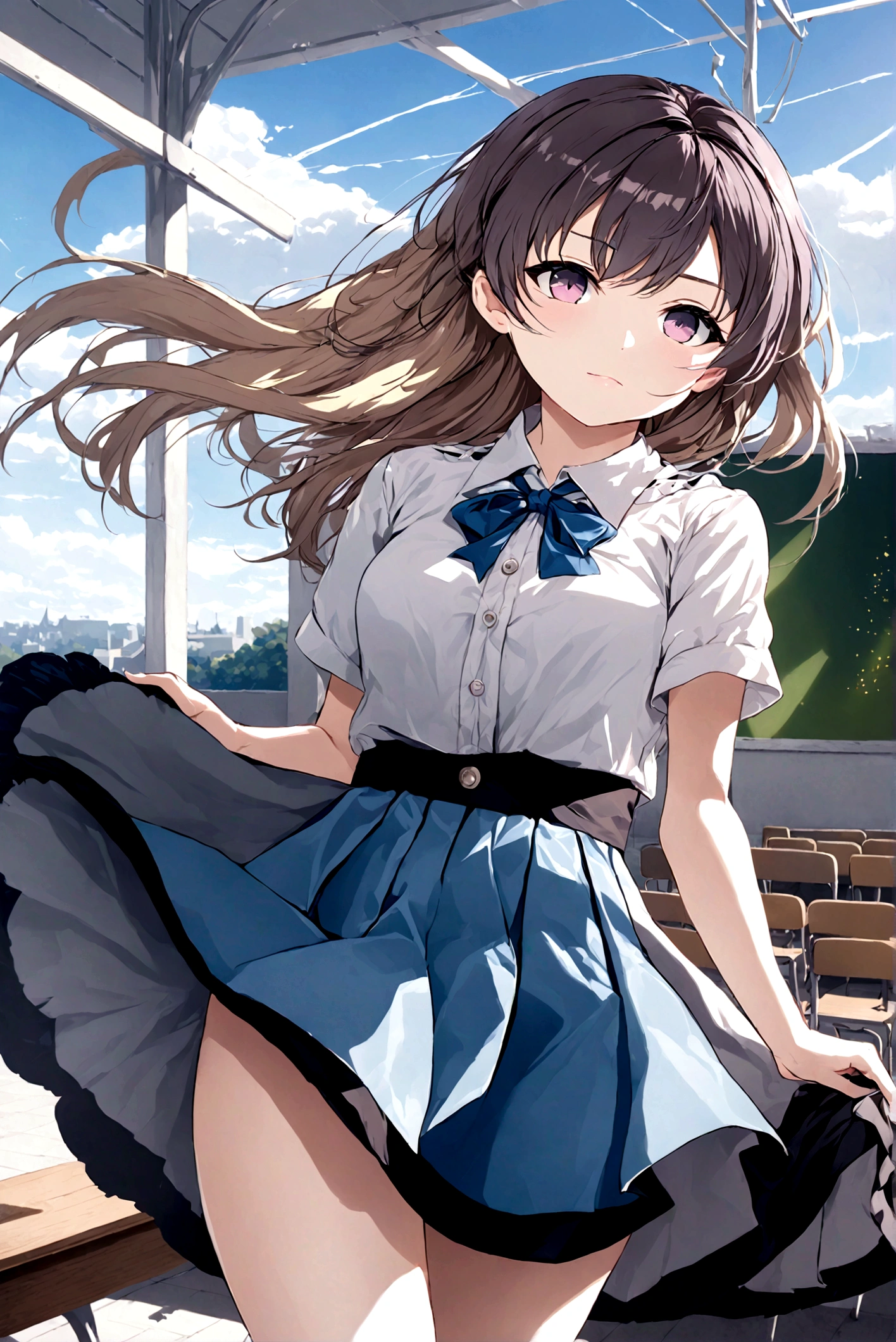 
Navy blue skirt. She is holding her skirt up in the strong wind. Her white cotton panties are visible.
