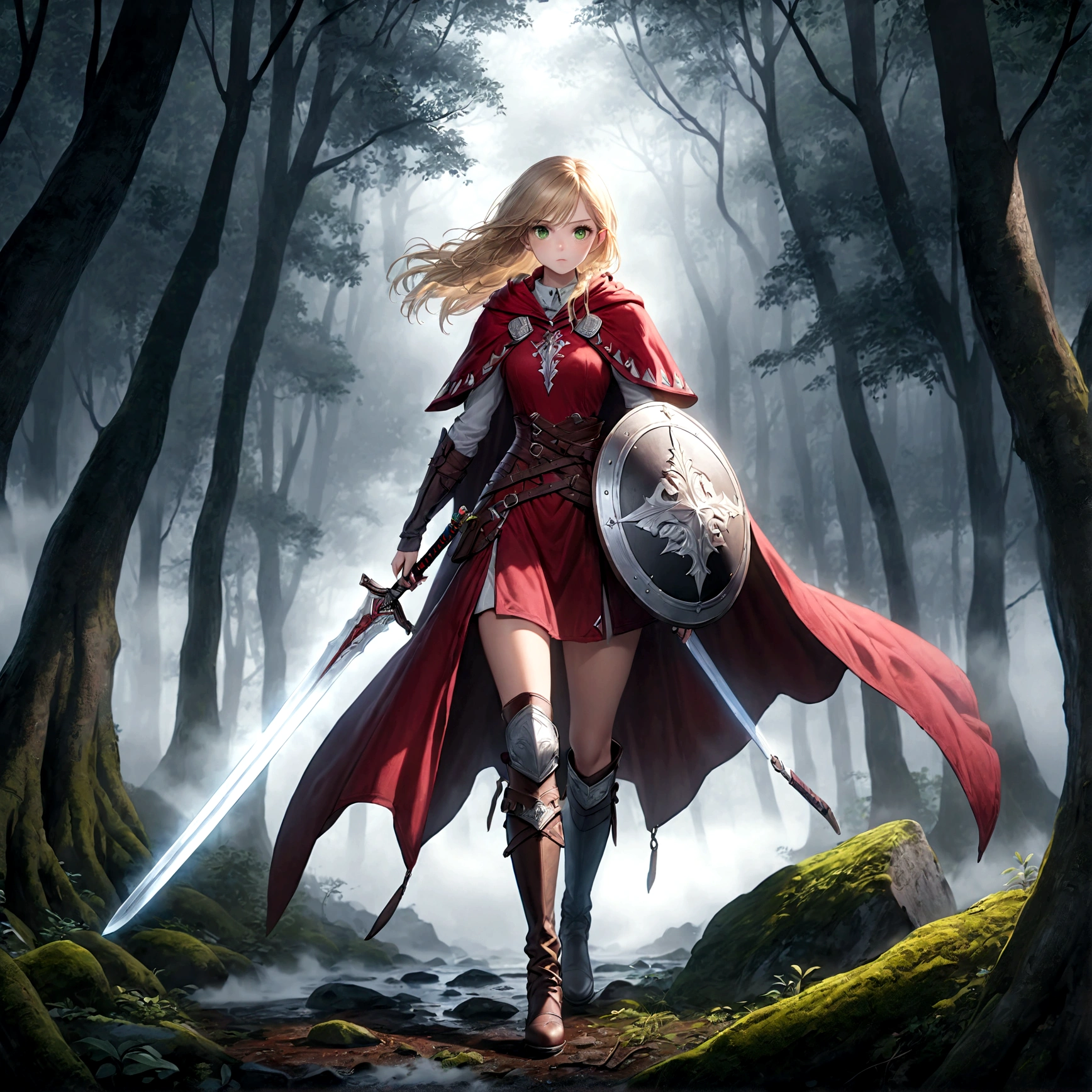fantasy art, RPG art, Dark fantasy art, ultra wide shot, RAW, photorealistic, a picture of (1single: 1.5) female human ranger, the ranger, an exquisite beautiful human woman, long blond hair, braided hair, green eyes, wearing leather armor, wearing (red cloak: 1.1), armed with a (sword: 1.3), wearing laced boots, standing in a dark forest at night, (mist rising from the grounds: 1.3), a sense of dread and fear, yet she stands defiant and fearless, dark fantasy forest background, best quality, 16k, [ultra detailed], masterpiece, best quality, (ultra detailed), full body, ultra wide shot, photorealism, Sword and shield, 