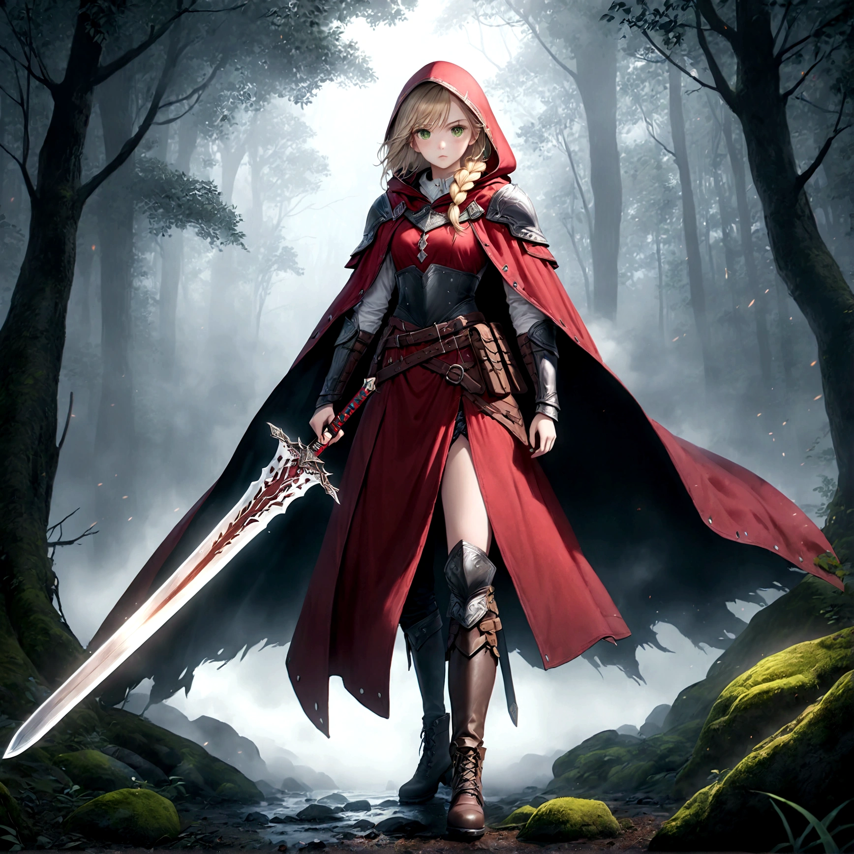 fantasy art, RPG art, Dark fantasy art, ultra wide shot, RAW, photorealistic, a picture of (1single: 1.5) female human ranger, the ranger, an exquisite beautiful human woman, long blond hair, braided hair, green eyes, wearing leather armor, wearing (red cloak: 1.1), armed with a (sword: 1.3), wearing laced boots, standing in a dark forest at night, (mist rising from the grounds: 1.3), a sense of dread and fear, yet she stands defiant and fearless, dark fantasy forest background, best quality, 16k, [ultra detailed], masterpiece, best quality, (ultra detailed), full body, ultra wide shot, photorealism, Sword and shield, 