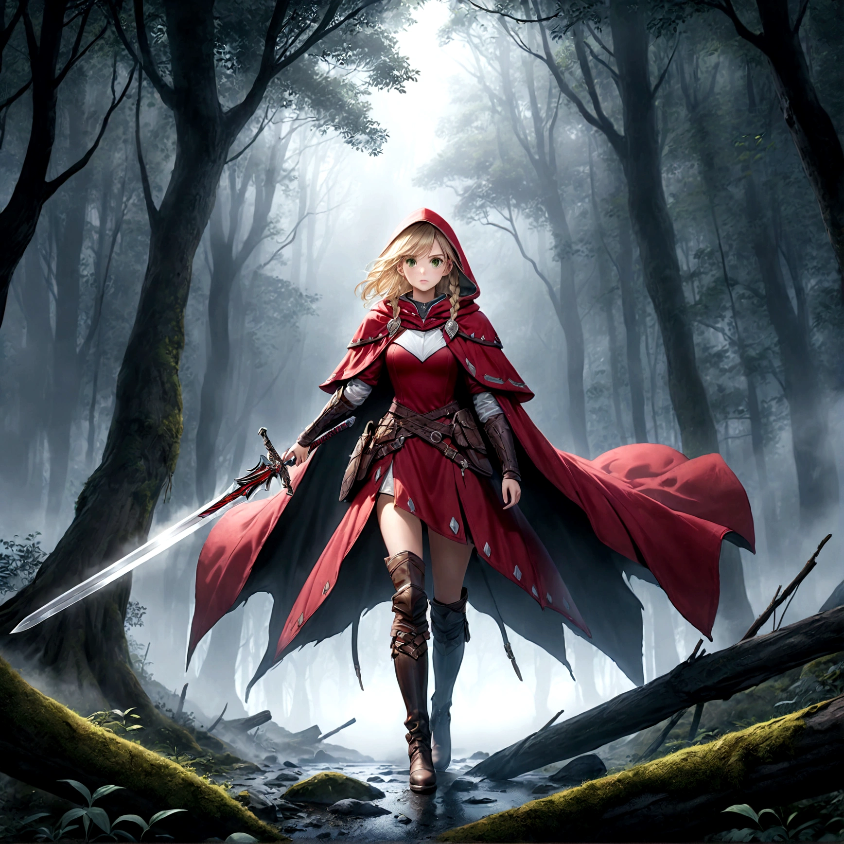 fantasy art, RPG art, Dark fantasy art, ultra wide shot, RAW, photorealistic, a picture of (1single: 1.5) female human ranger, the ranger, an exquisite beautiful human woman, long blond hair, braided hair, green eyes, wearing leather armor, wearing (red cloak: 1.1), armed with a (sword: 1.3), wearing laced boots, standing in a dark forest at night, (mist rising from the grounds: 1.3), a sense of dread and fear, yet she stands defiant and fearless, dark fantasy forest background, best quality, 16k, [ultra detailed], masterpiece, best quality, (ultra detailed), full body, ultra wide shot, photorealism, Sword and shield, 
