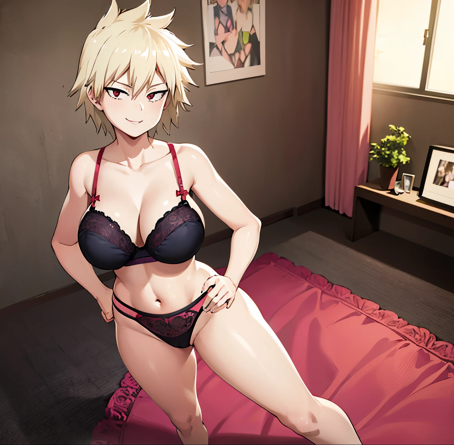 1 girl, alone, mitsuki bakugou, (high definition)), ((best quality)), standing, room, house, living room, mature woman, sexy posture, sexy body, red eyes, dull blonde hair, short hair , (lingerie purple), (1 piece lingerie), , ((seductive smile)), seductive,((looking at viewer)), (looking back),( from behind),( focus on ass),pov(from below),((silly smile) ),((large breasts)),(medium waist),(wide hips),(medium thighs),(round butt),((carpeted floor)),1girl,alone, room, bedroom, (woman standing), ((hands on hips)), (barefoot), perfect anatomy, perfect hands,