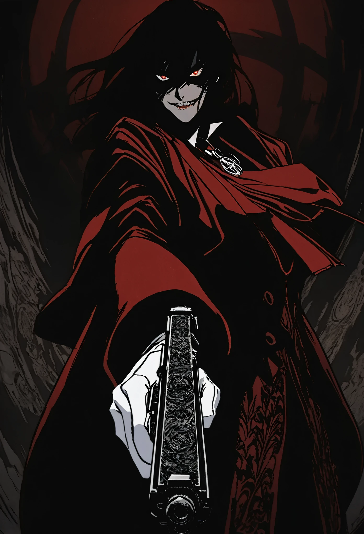 Alucard from "Hellsing" in close-up, in high quality.  Fisheye effect, focusing the image on the barrels of their distinctive engraved pistols, the Jackal and the Casull, pointing directly at the viewer.  The image shows his iconic red outfit in great detail, with the crimson coat fluttering slightly in the wind, and his white gloves with pentagrams clearly visible.  In the background, his face is clearly seen, with crimson eyes shining with malice and a cynical smile that reveals his sharp fangs.  The atmosphere is dark and oppressive, with high contrast to intensify his aura of terror.