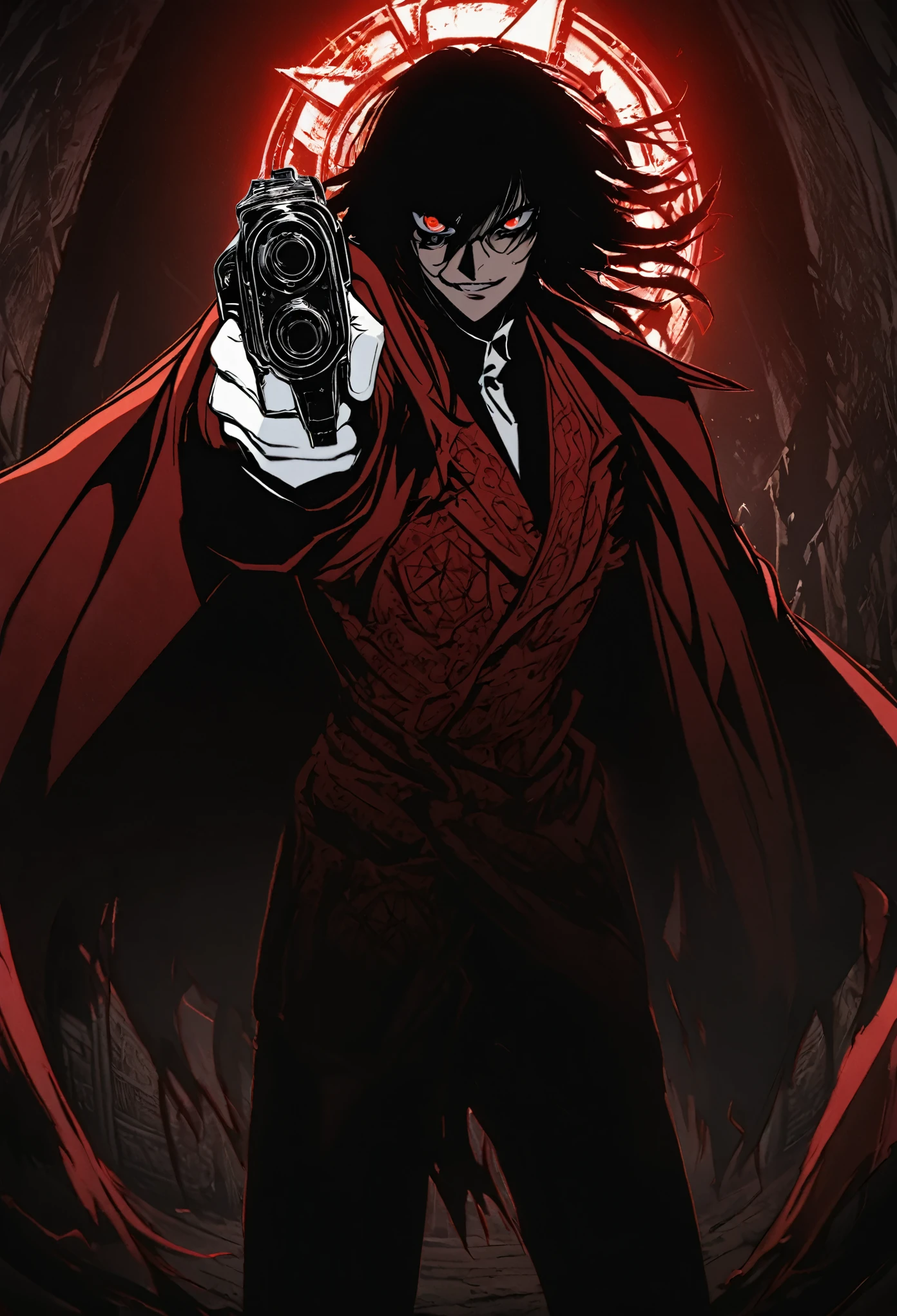 Alucard from "Hellsing" in close-up, in high quality.  Fisheye effect, focusing the image on the barrels of their distinctive engraved pistols, the Jackal and the Casull, pointing directly at the viewer.  The image shows his iconic red outfit in great detail, with the crimson coat fluttering slightly in the wind, and his white gloves with pentagrams clearly visible.  In the background, his face is clearly seen, with crimson eyes shining with malice and a cynical smile that reveals his sharp fangs.  The atmosphere is dark and oppressive, with high contrast to intensify his aura of terror.