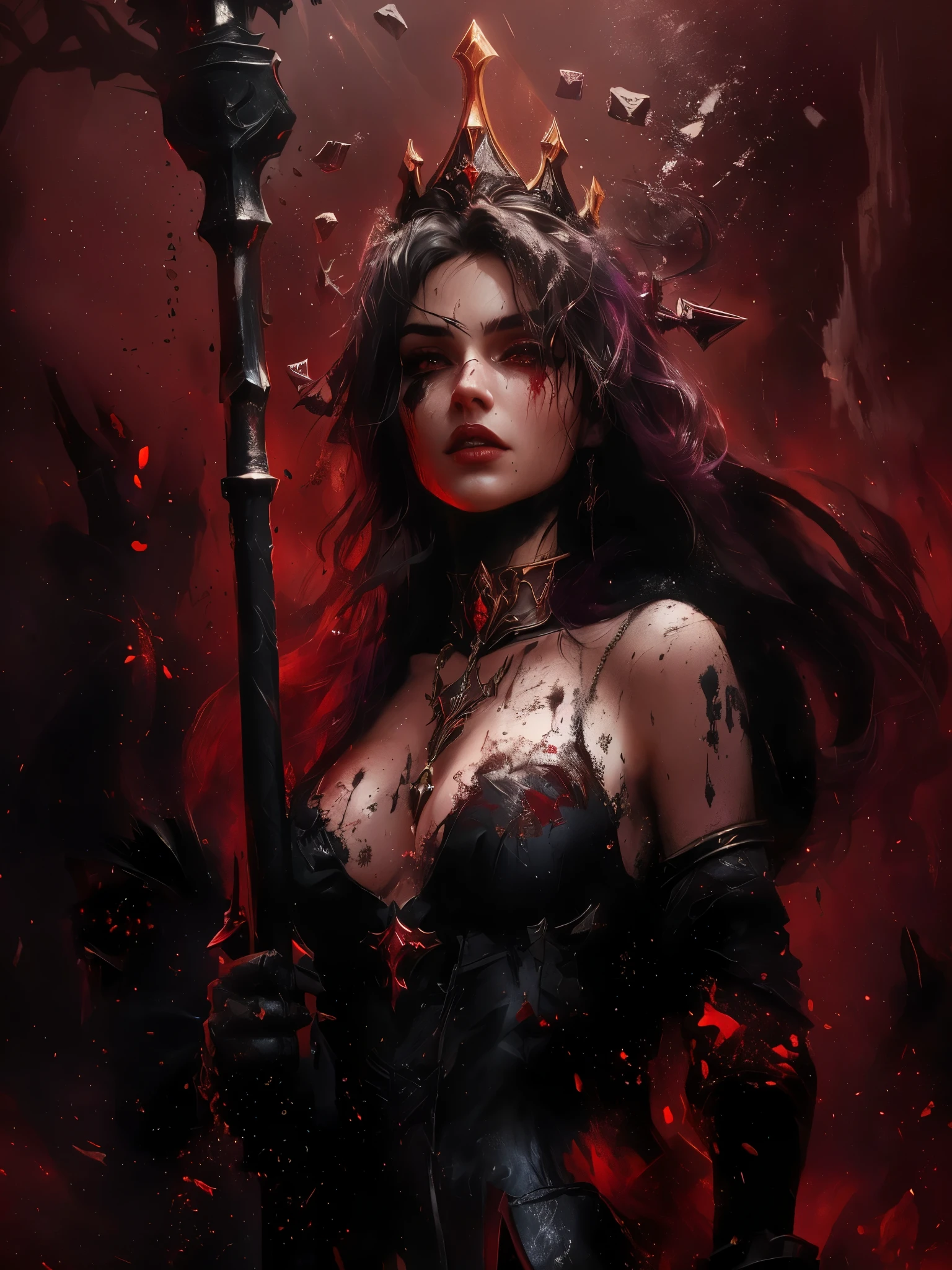 Witch holding a sword,His face was covered in blood, Dark fantasy art, Beautiful and elegant demon queen, diablo 4 queen, in style of Dark Fantasy Art, diablo 4 lilith, Dark Fantasy Art, Epic fantasy digital art style, Alena Aenami (alena aenami) and artgerm, Beautiful vampire queen, Dark Fantasy Artwork, deviantart artstation cgscosiety,League of Legends concept art