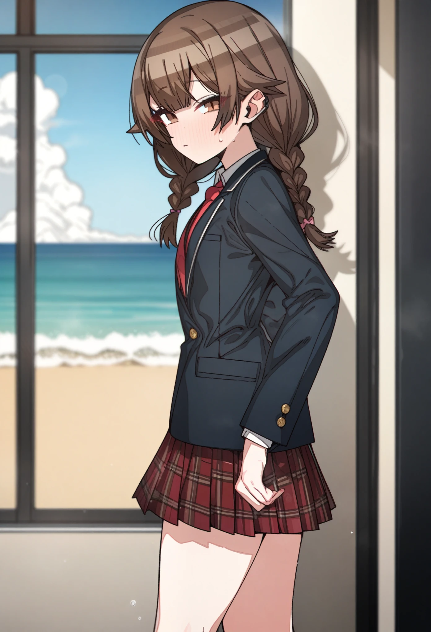 hoshino_(blue_archive) with brown hair and brown eyes, Artist, erere, Copyrights, idolmaster, idolmaster_shiny_colors, Character, General, 1girl, brown_hair, blunt_bangs, blush, medium_breasts, breasts, detailed eyelashes, beatiful girl:1, brown_eyes, censored, school_uniform, pleated skirt, blazer, hair_clip, twin_braids, tired, red tie, :|:0.5, (full_body) (standing in middle, beach), sky:0.7, half-closed_eyes, detailed, sand, outdoors, from_side, looking_at_viewer, masterpiece, best_quality, great_quality, girl, solo, center_composition, centered character, cute

