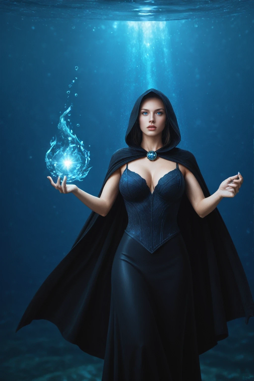 score_9, score_8_up, score_7_up, BREAK, (1girl), (milf), (big breast), (cape, hood), (long shawl:1.2) detail blue eyes, power of water. Imagine serene lakes, raging seas, water elemental creatures, or underwater realms, very detailed, amazing quality, intricate, cinematic light, highly detail, surreal, dramatic, galaxy fantasy colors, spell magic, dynamic, harmony, vivid colors Create an ethereal and majestic image, create magic, pose