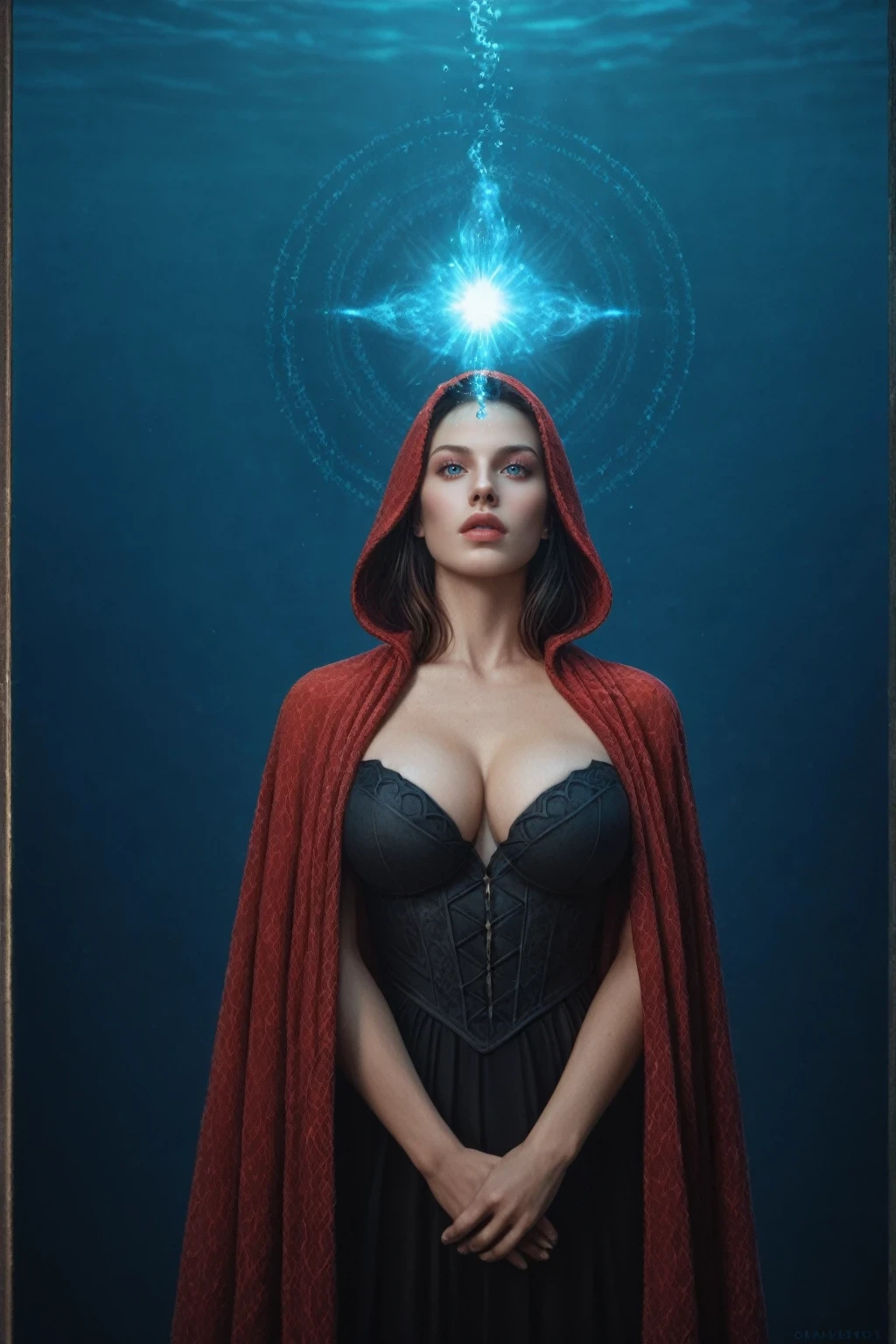 score_9, score_8_up, score_7_up, BREAK, (1girl), (milf), (big breast), (cape, hood), (long shawl:1.2) detail blue eyes, power of water. Imagine serene lakes, raging seas, water elemental creatures, or underwater realms, very detailed, amazing quality, intricate, cinematic light, highly detail, surreal, dramatic, galaxy fantasy colors, spell magic, dynamic, harmony, vivid colors Create an ethereal and majestic image, create magic, pose