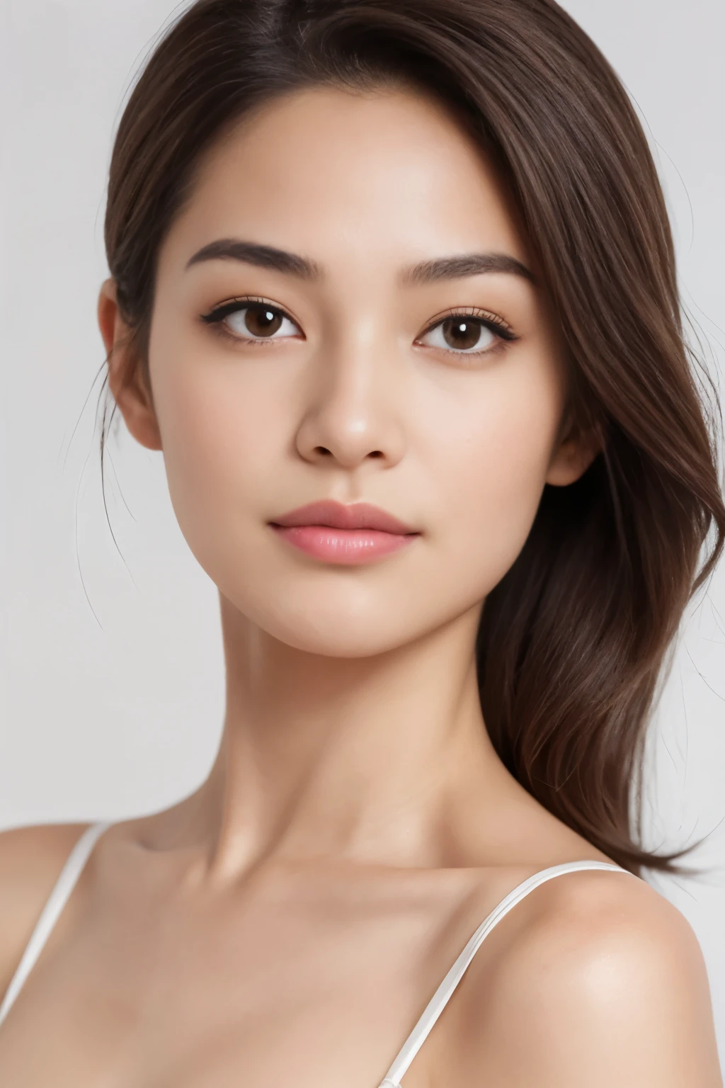 Create a (( mid-shot )) photorealistic image of a beautiful Asian woman with fair, smooth, flawless skin. She has large, round, sparkling eyes with naturally long and curled eyelashes, and well-defined, dark eyebrows. Her nose is straight and high, and her naturally pink, soft lips form a gentle smile. She has short, slightly curled brown hair that highlights her delicate facial features. Her face is oval-shaped, with a wide and high forehead, moderately high cheekbones, and a pointed, slender chin. She is wearing a white bra that complements her elegant and feminine appearance. (( waist to top))