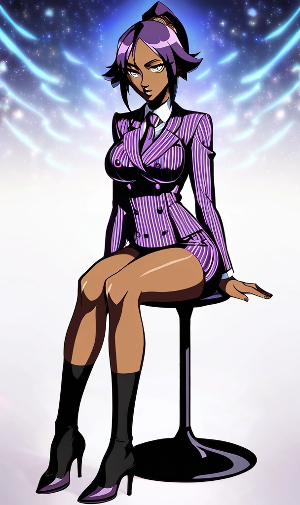  Full body Yoruichi as a thin Black business woman in a double breasted pinstripe purple  skirt suit while wearing a tie with a long purple pinstripe skirt that covers the legs and with long black knee socks full art and make her sit down also give her thin legs and purple heels