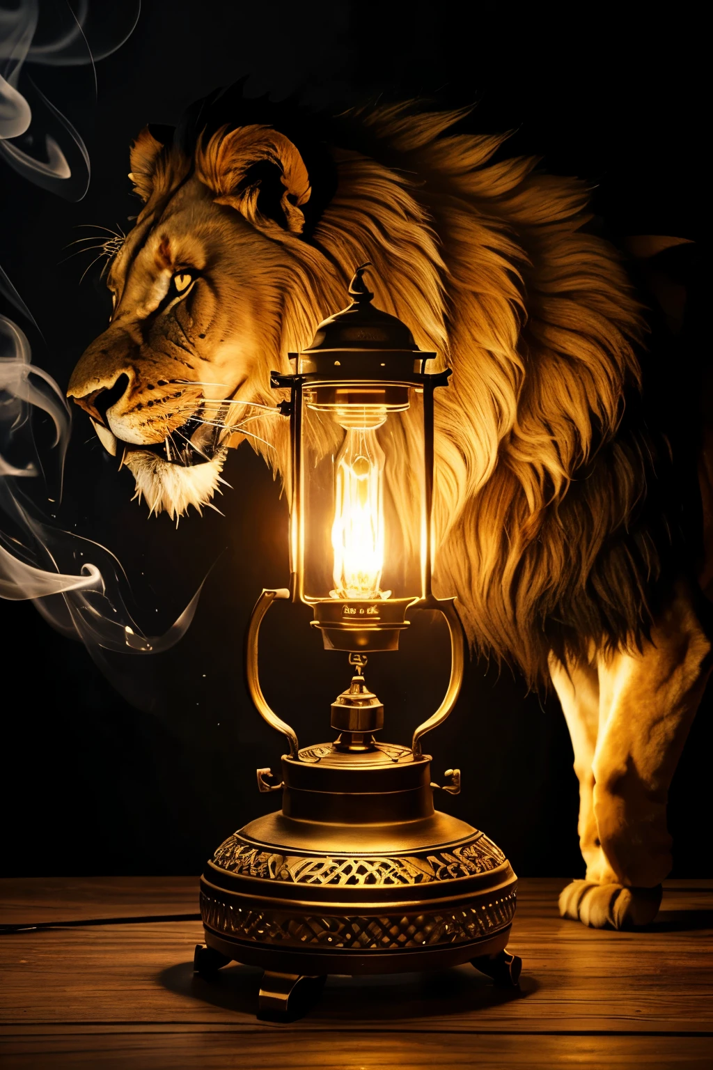Oil lamp  extinguishing with smok and  lion roaring