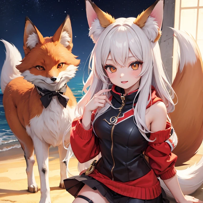 Fox Girl, Fox&#39;s Tail, Nine-Tailed Fox,Fox Ears, Black colored hair, Fox Makeup,One Girl、 Kimono with open chest, kimono, Nice body, Avatar, face, Open chest, lewd face, Dominant representation, naughty face,Big Breasts,Emphasize cleavage,Show bare skin、Skin is visible、With legs apart、Show off your thighs、With legs apart、A beautifully patterned kimono、I can see her cleavage、 Body size is 100-70-90!、Muscular、Uplifting、Abdominal muscles、Big Breasts、Exposed skin、Long Hair、Skin Texture、Soft breasts 