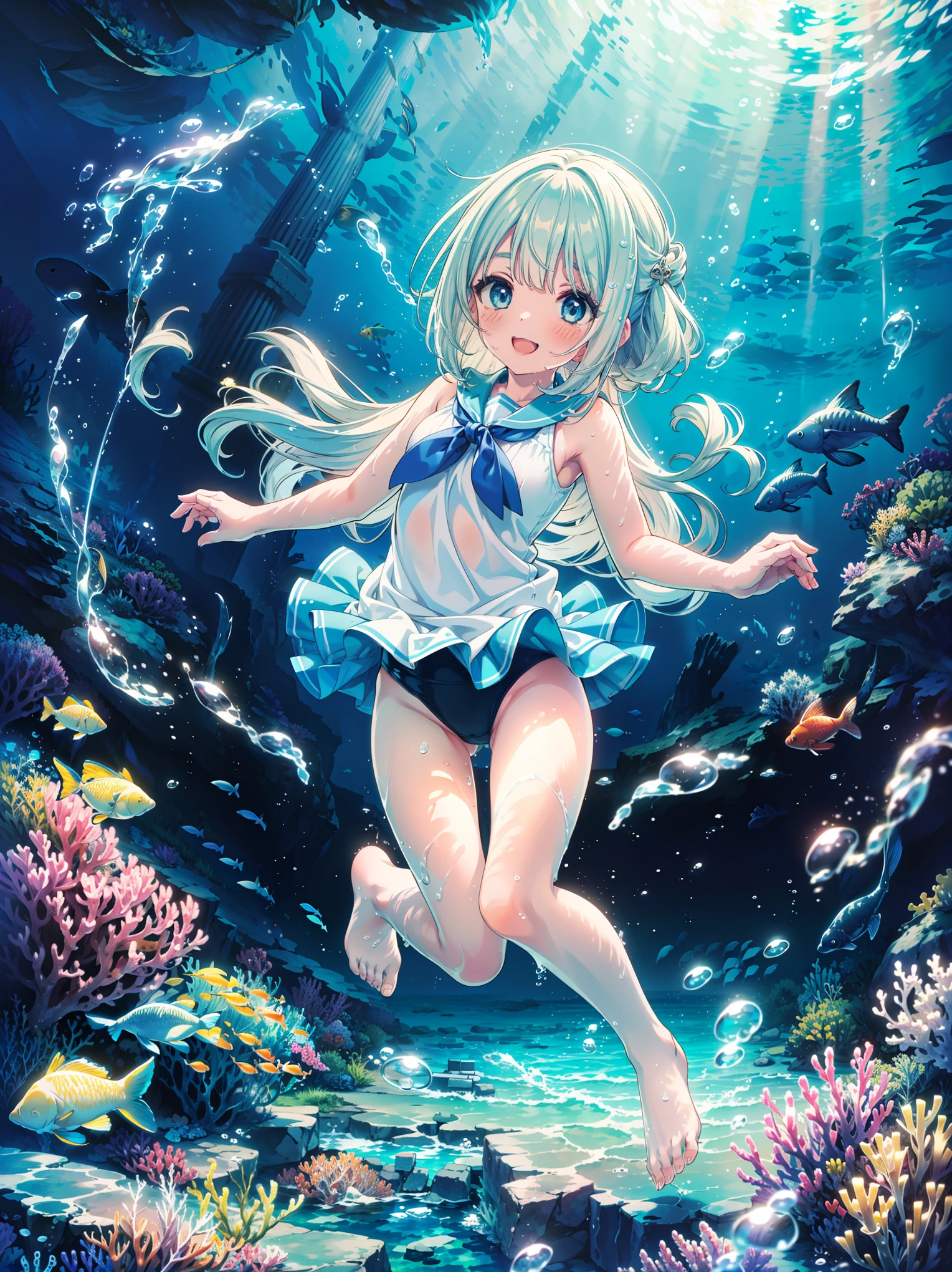 masterpiece, best quality, absurdres, 1girl, :), Deep under the sea, (white marble Greek temple under water), a girl floating in water, fishs, Tyndall light, under sea, under ocean, underwater, submerged water, deep submersion