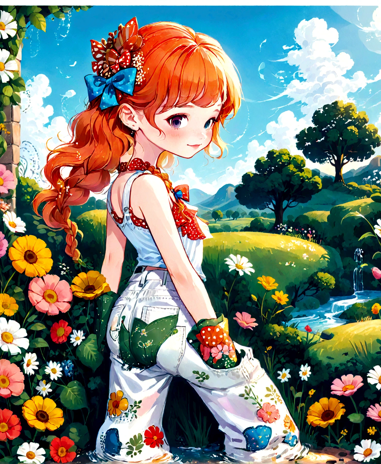 beautiful girl, con trenza gruesa, with bow, pelo pelirrojo, pantalos de jeans ancho y parches en la rodilla de colores y estampados, regando con regadera antigua. las flores del jardin, hermosa imagen romantica, Smiley, idilica, magica, la mejor imagen arte de ilustracion, colorida con colores pasteles suaves,HD, 300 DPI pixeles, 8K. hiper detallado y nitida