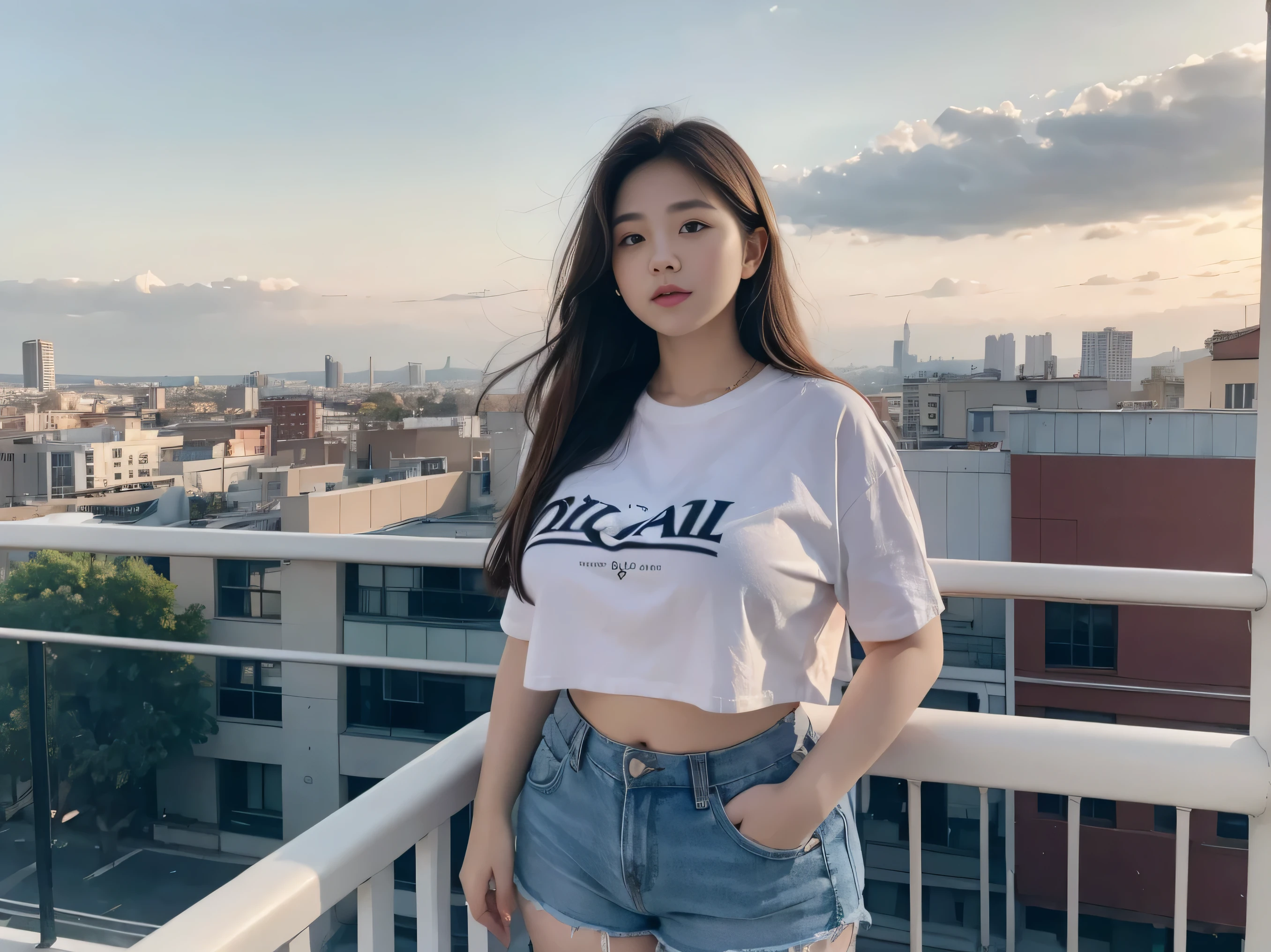 Chubby girl wearing a cropped shirt,shorts,long hair,standing on the balcony,Beautiful sky,There is a city,Virtual image,16K, 8K