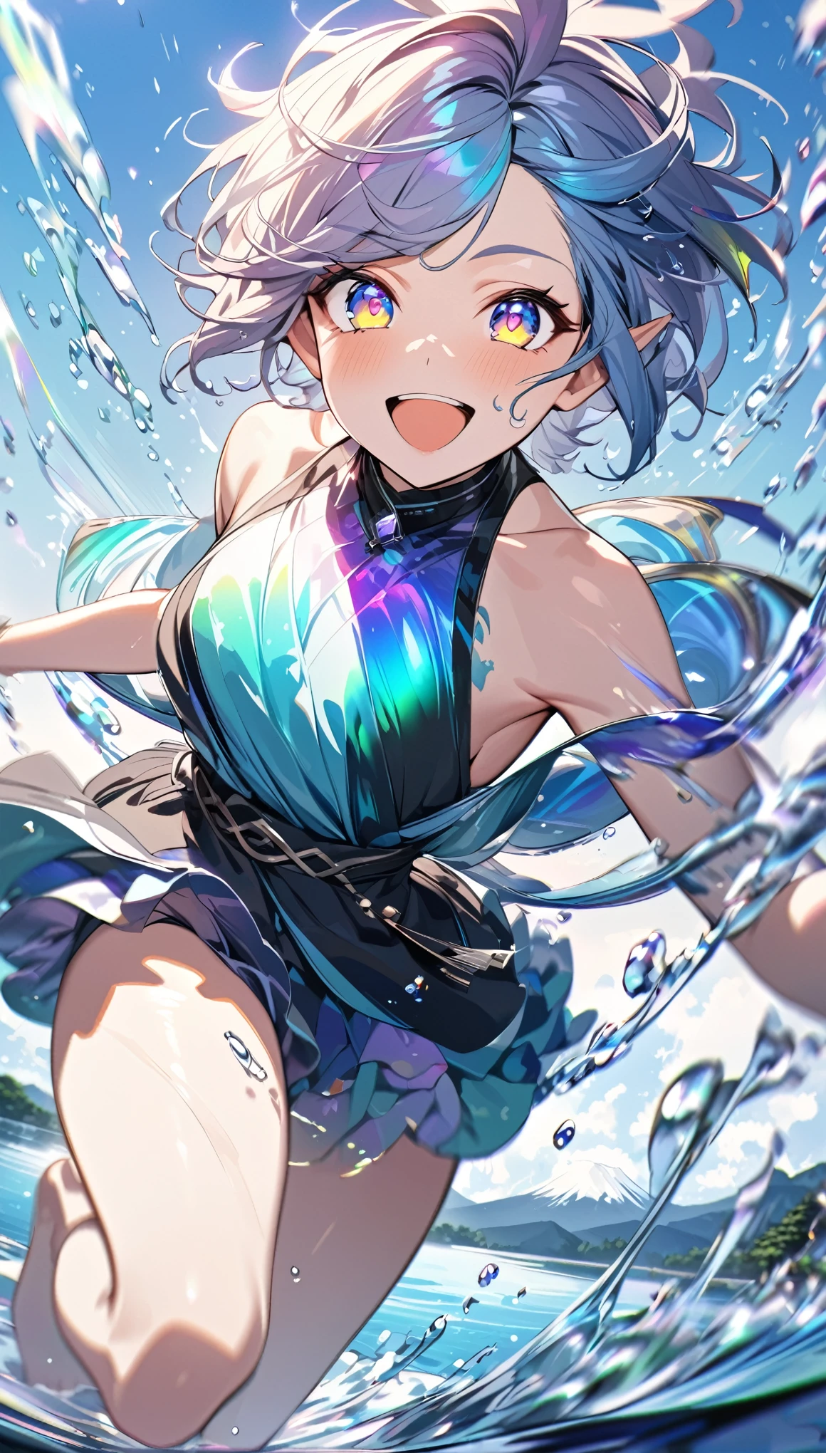 best quality, super fine, 16k, incredibly absurdres, extremely detailed, delicate and dynamic, beautiful and cute elf jumping and running energetically on the lake surface, Tiffany Blue pixie short cut messy hair, iridescent yellow pupils, happy, smile, captivating look, aroused expression, bewitching aura, water splash, motion blur, action blur, beautiful effects like colorful paintings, back ground Mt. Fuji, lake, rippled lake surface, iridescent gemstone powder dust