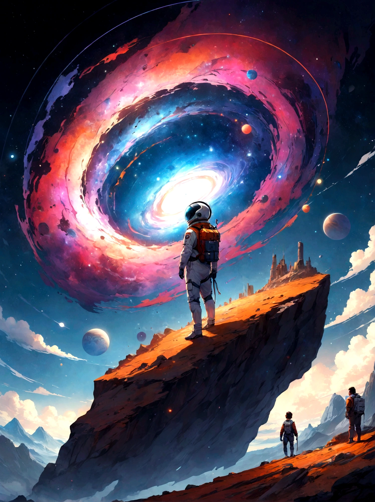 un homme en costume d&#39;astronaute debout sur un rocher regardant une galaxie, Greg Beeple, endless cosmos in the background, inspired by Cyril Rolando, Juste Bartel, chef-d&#39;work of&#39;artgem et de beeple, cyril rolando et m. w kaluta, cyril rolando et m.w kaluta, beeple and jeremie ketner