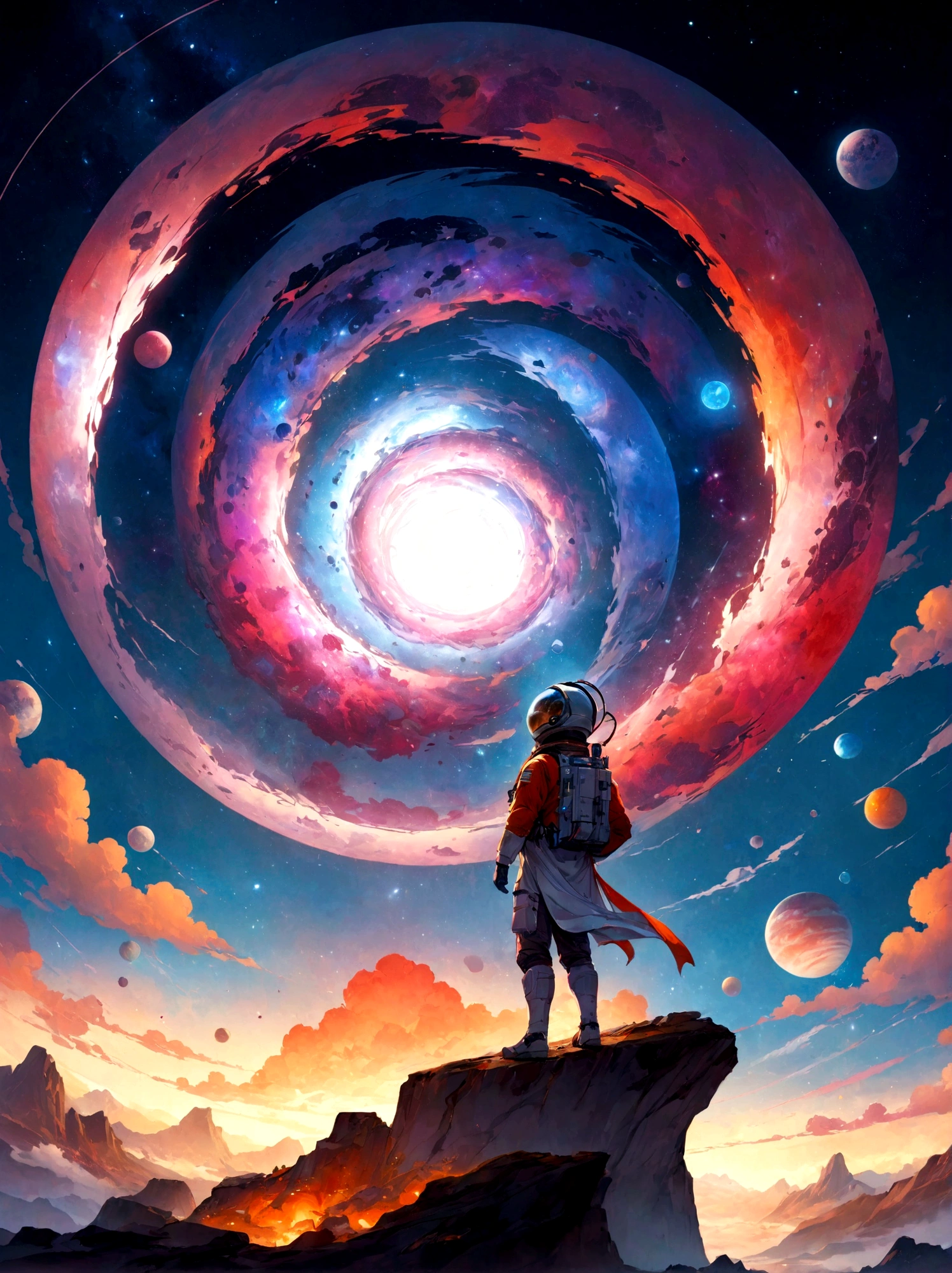 un homme en costume d'astronaute debout sur un rocher regardant une galaxie, Greg Beeple, endless cosmos in the background, inspired by Cyril Rolando, Juste Bartel, chef-d'work of'artgem et de beeple, cyril rolando et m. w kaluta, cyril rolando et m.w kaluta, beeple and jeremie ketner