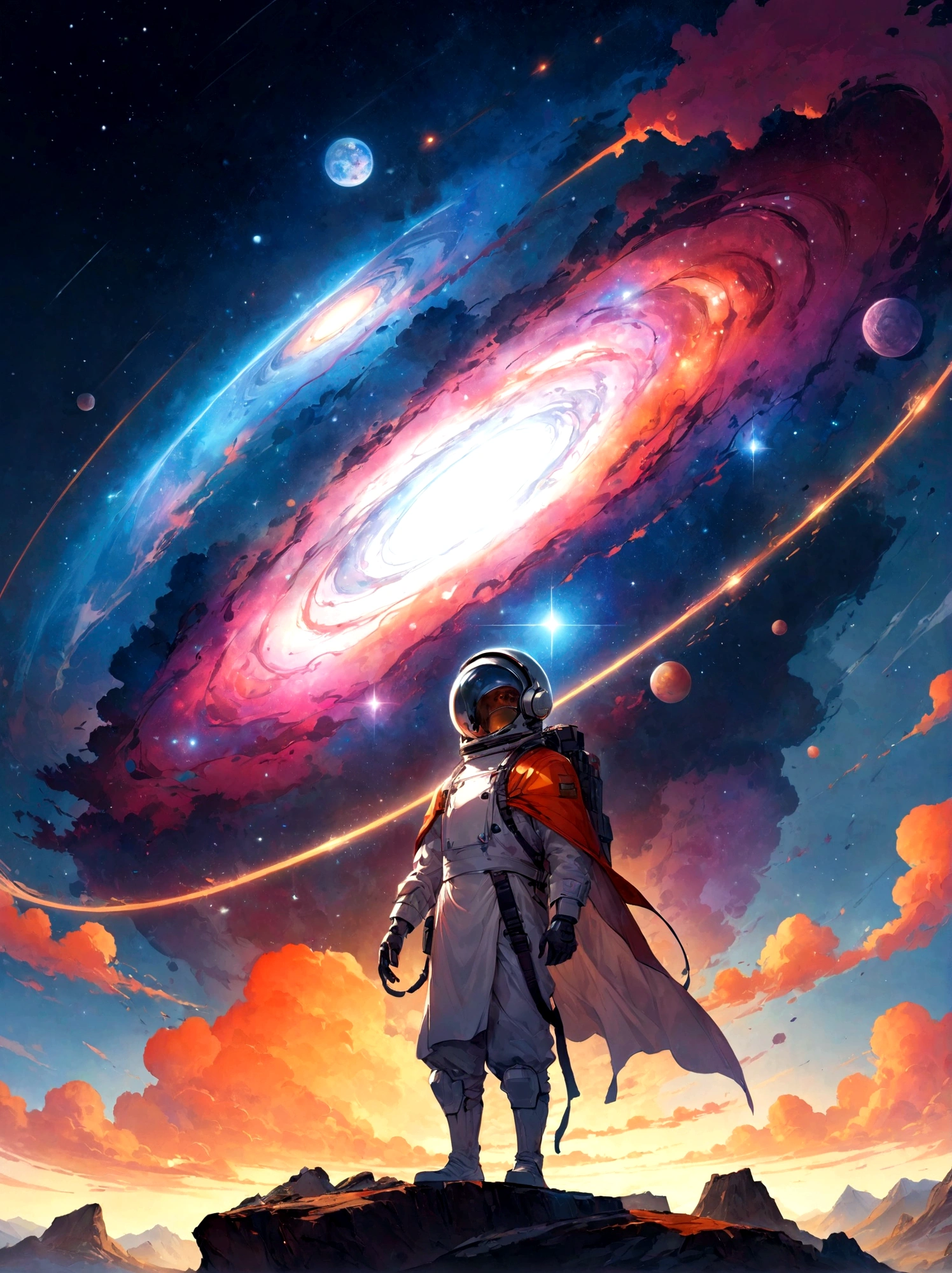 un homme en costume d&#39;astronaute debout sur un rocher regardant une galaxie, Greg Beeple, endless cosmos in the background, inspired by Cyril Rolando, Juste Bartel, chef-d&#39;work of&#39;artgem et de beeple, cyril rolando et m. w kaluta, cyril rolando et m.w kaluta, beeple and jeremie ketner