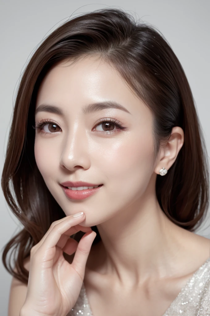 for website about beauty serum, somewhat intelligent look, res dress, best quality, highly detailed, ultra detailed, high resolution, absurdres, straight-on, a so beautiful japanese woman, 40 years old, applying beauty serum, looking at camera and smiling, minimalist white background, highly detailed, photorealistic, glowing skin, sophisticated, elegant, beautiful detailed eyes, beautiful detailed lips, extremely detailed eyes and face, long eyelashes, beautiful short black hair, warm smile, natural lighting, photorealistic, 8k, high quality, detailed portrait, elegant, refined, intellectual, key Light,close_up, lying down, like so young,without shadow