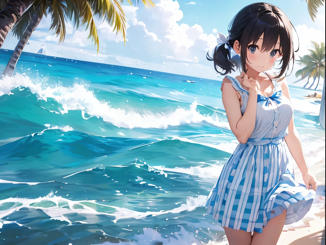 Breasts sticking to a white dress shirt、She is wearing a light blue and white checkered skirt with cute ribbons in both hands, showing off her underwear.、barefoot、Sandy beach, sea and blue sky、Shaved