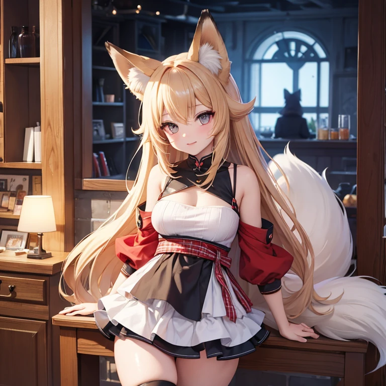 Fox Girl, Fox&#39;s Tail, Nine-Tailed Fox,Fox Ears, Black colored hair, Fox Makeup,One Girl、 Kimono with open chest, Body size is 100-70-90!、Nice body, Avatar, face, Open chest, lewd face, Dominant representation, naughty face,Big Breasts,Emphasize cleavage,Show bare skin、Skin is visible、With legs apart、Show off your thighs、With legs apart、A beautifully patterned kimono、I can see her cleavage、Muscular、Uplifting、Abdominal muscles、Exposed skin、Long Hair、Skin Texture、Soft breasts 、outside、Grassy field