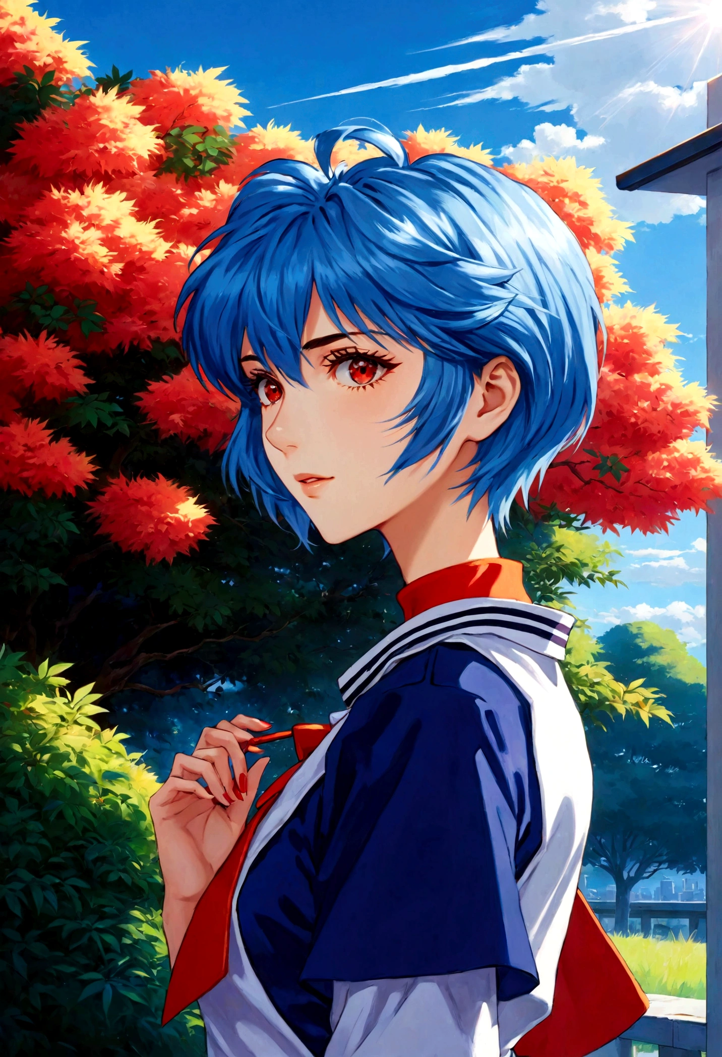 1girl, ayanami rei, neon genesis evangelion, a girl with blue hair and red eyes, anime style, 90s anime, school uniform, kawaii, detailed face, detailed eyes, detailed hair, beautiful detailed eyes, beautiful detailed lips, extremely detailed eyes and face, long eyelashes, dynamic pose, cinematic lighting, 8k, highly detailed, masterpiece, digital painting, vibrant colors, atmospheric, dramatic lighting, anime artwork, anime style, visual, vibrant, studio anime, highly detailed