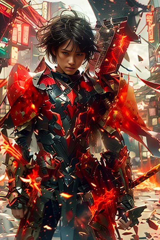 (ultra realistic,32k, masterpiece:1.2),(high detailed skin:1.1),( high quality:1.1),
1boy,(caucasian european), black hair, with cyberpunk samurai armor, cute, 18 years old, european caucasian), beautiful decourations, 8k, uhd, masterpiece, katana in the back, kanjis, (metal black armor with red and orange decourations), fire themed armor, light effects