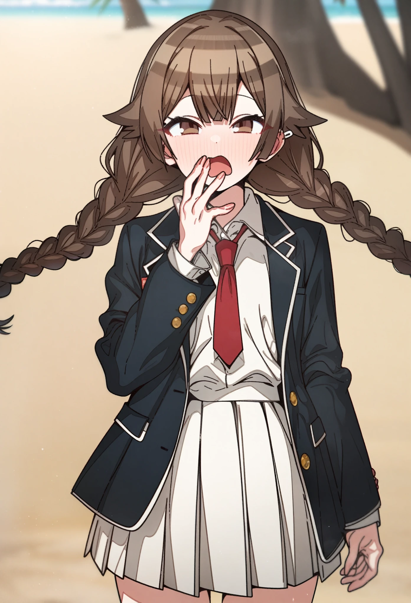 hoshino_(blue_archive) with brown hair and brown eyes, Artist, erere, Copyrights, idolmaster, idolmaster_shiny_colors, Character, General, 1girl, brown_hair, blunt_bangs, blush, medium_breasts, breasts, detailed eyelashes, beatiful girl:1, brown_eyes, censored, school_uniform, pleated skirt, blazer, hair_clip, twin_braids, yawning, hand_over_mouth, tired, red tie, :|:0.5, (full_body) (standing in middle, beach), sky:0.7, half-closed_eyes, detailed, sand, outdoors, from_side, looking_at_viewer, masterpiece, best_quality, great_quality, girl, solo, center_composition, centered character, cute